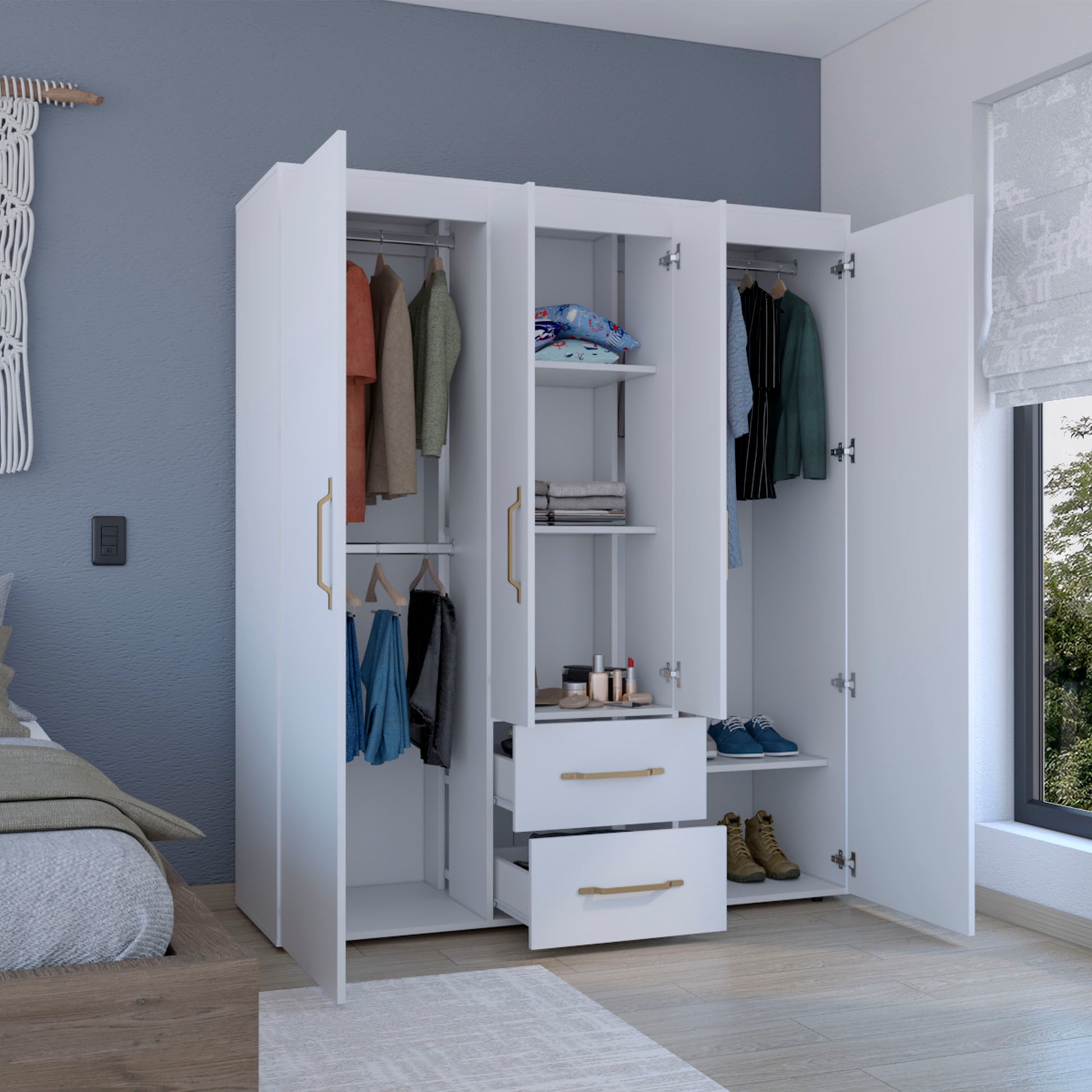 Bariloche Wardrobe, Multi Section Storage With Hanging Rods, Shelves, And 2 Drawers White White Bedroom Modern Particle Board