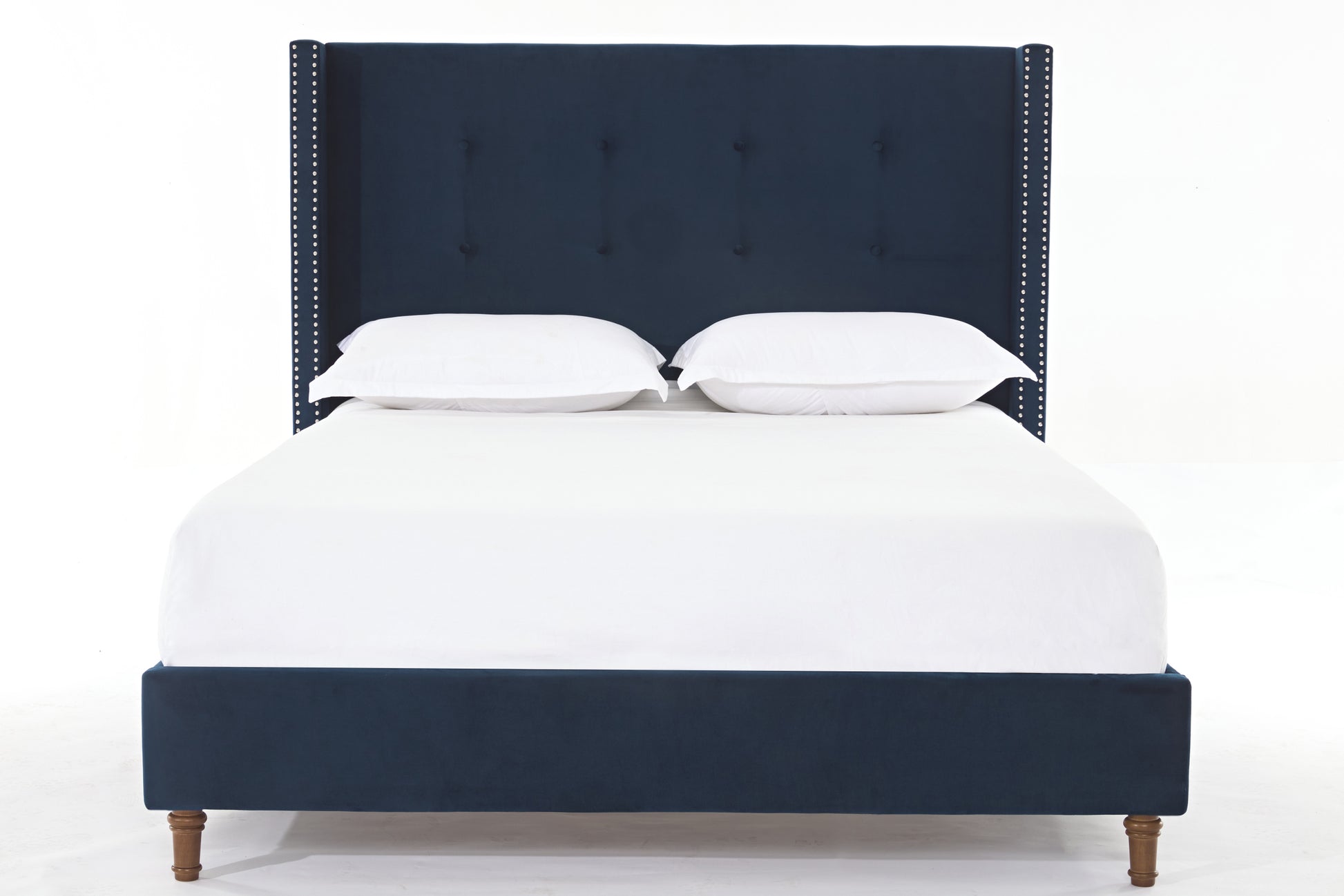 Peyton Upholstered Queen Bed 54" High Headboard Traditional Hand Buttoned Tufting Trim Wingback No Box Spring Needed Easy Assembly Blue Velvet Box Spring Not Required Queen Blue Brown Metal Bedroom Classic,European,Modern,Traditional Oak Bed Frame Foam