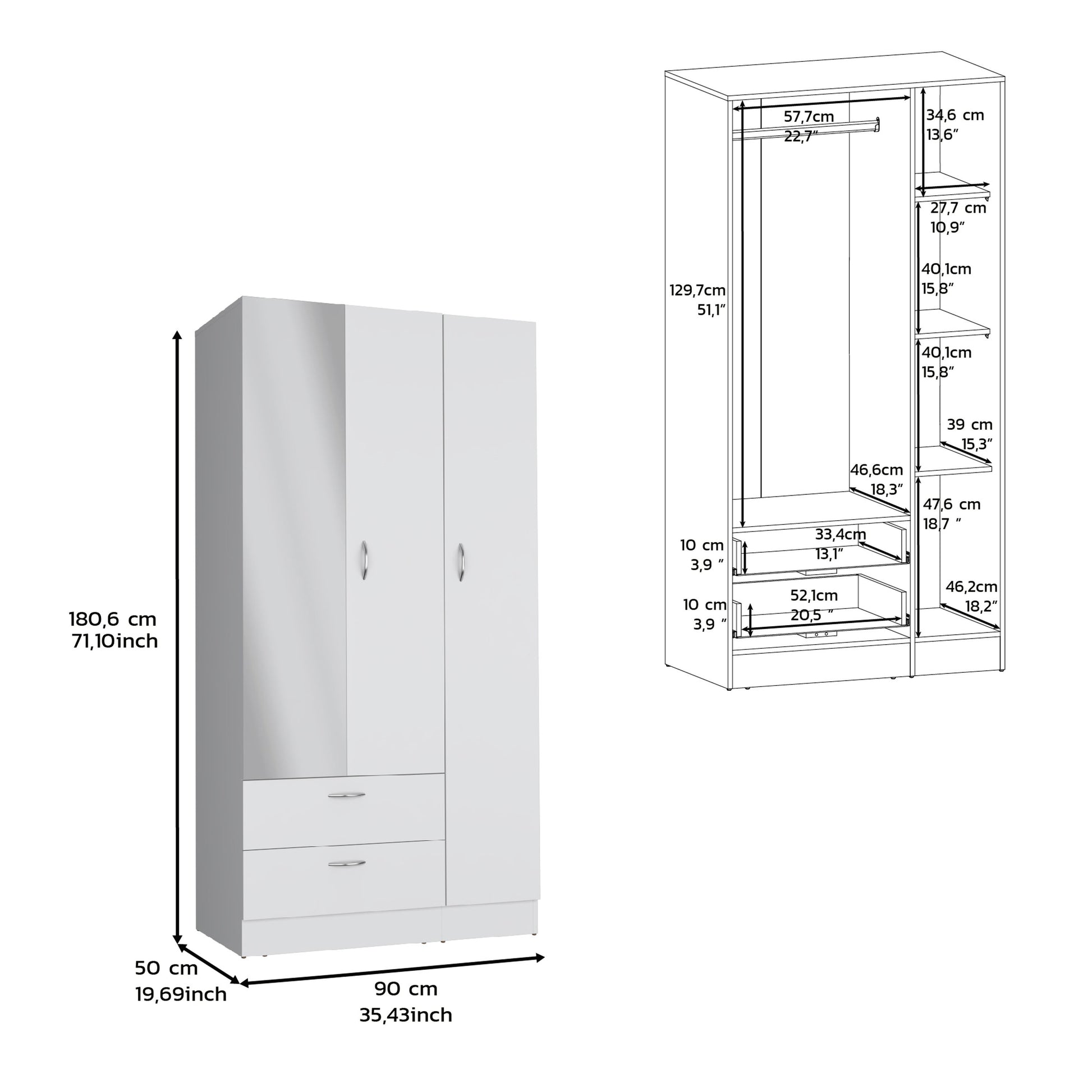 Wardrobe With 3 Doors, One With Mirror, Two Drawers, Four Shelves And Hanging Bar,White White Particle Board Particle Board