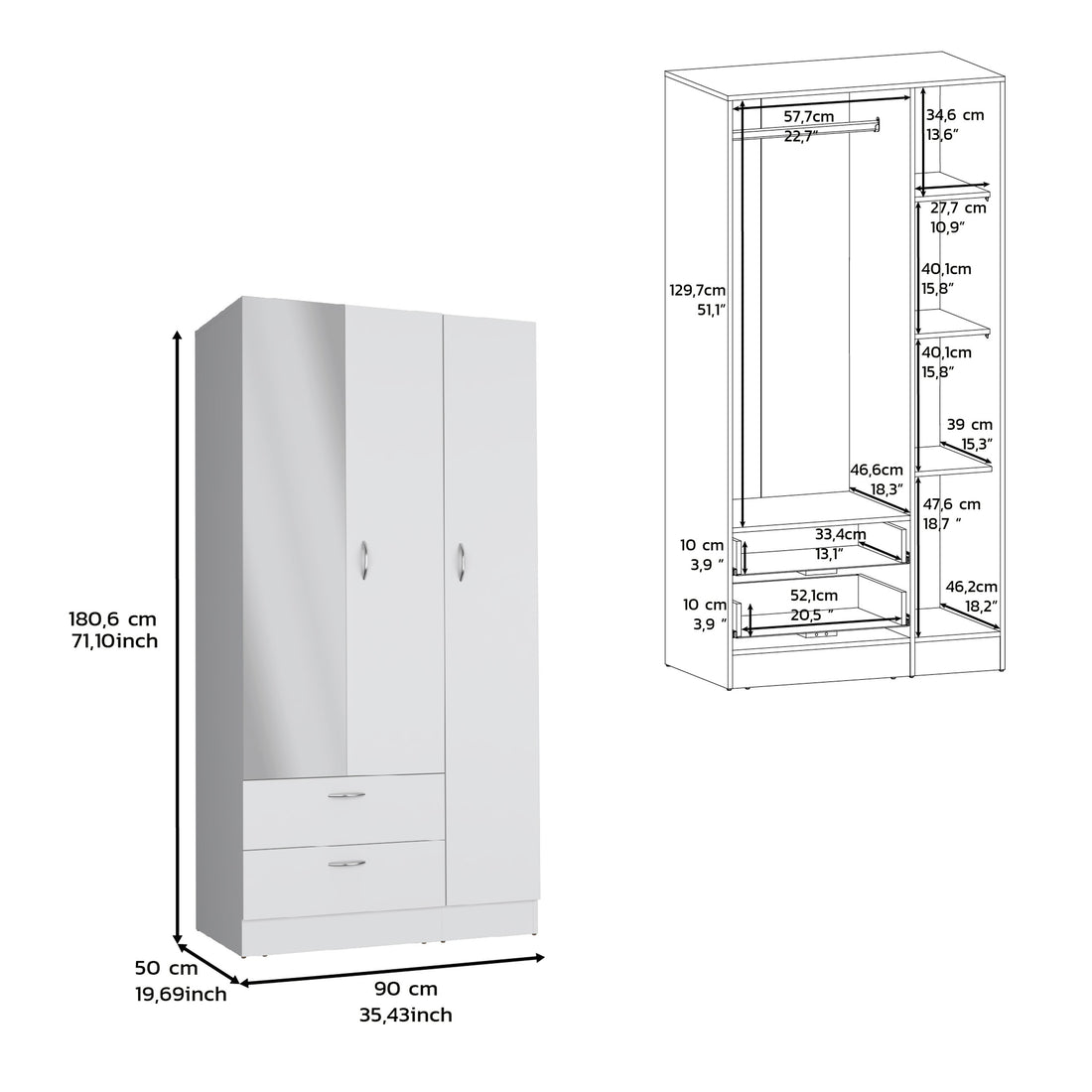 Riverside 3 Door Mirrored Armoire With Two Drawers, Four Shelves, And Hanging Rod White White Particle Board