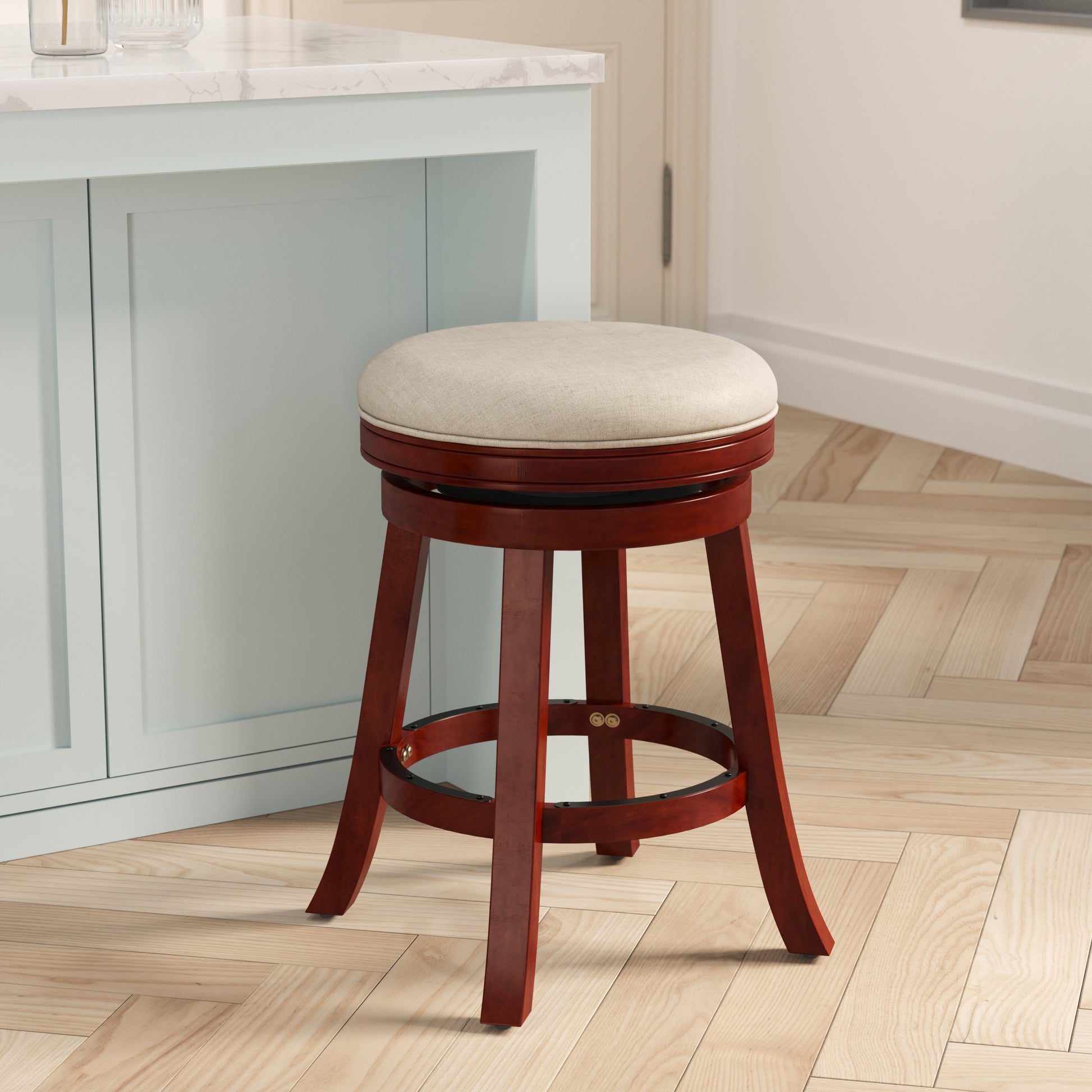 24" Counter Stool, Cherry Finish, Beige Fabric Seat Cherry Fabric