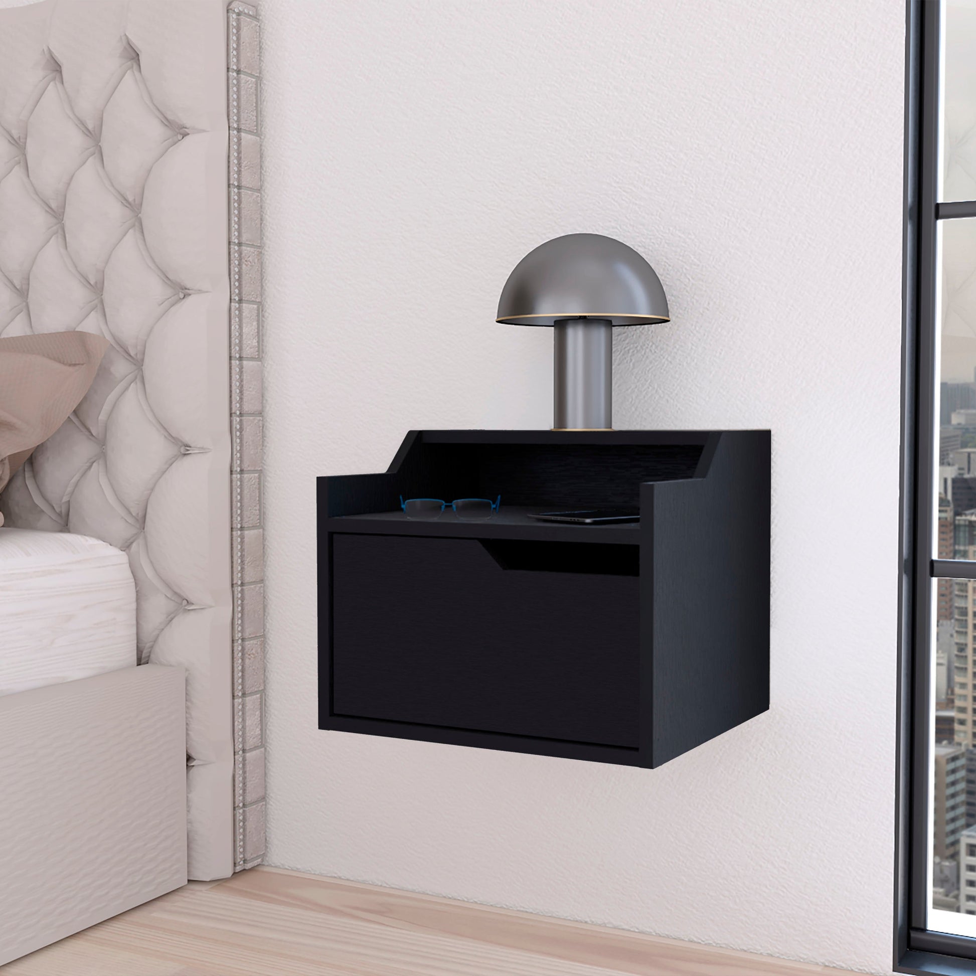 Black Dual Shelf Display Floating Nightstand Black 1 Drawer Bedroom Floating Easy Assembly Black Wood