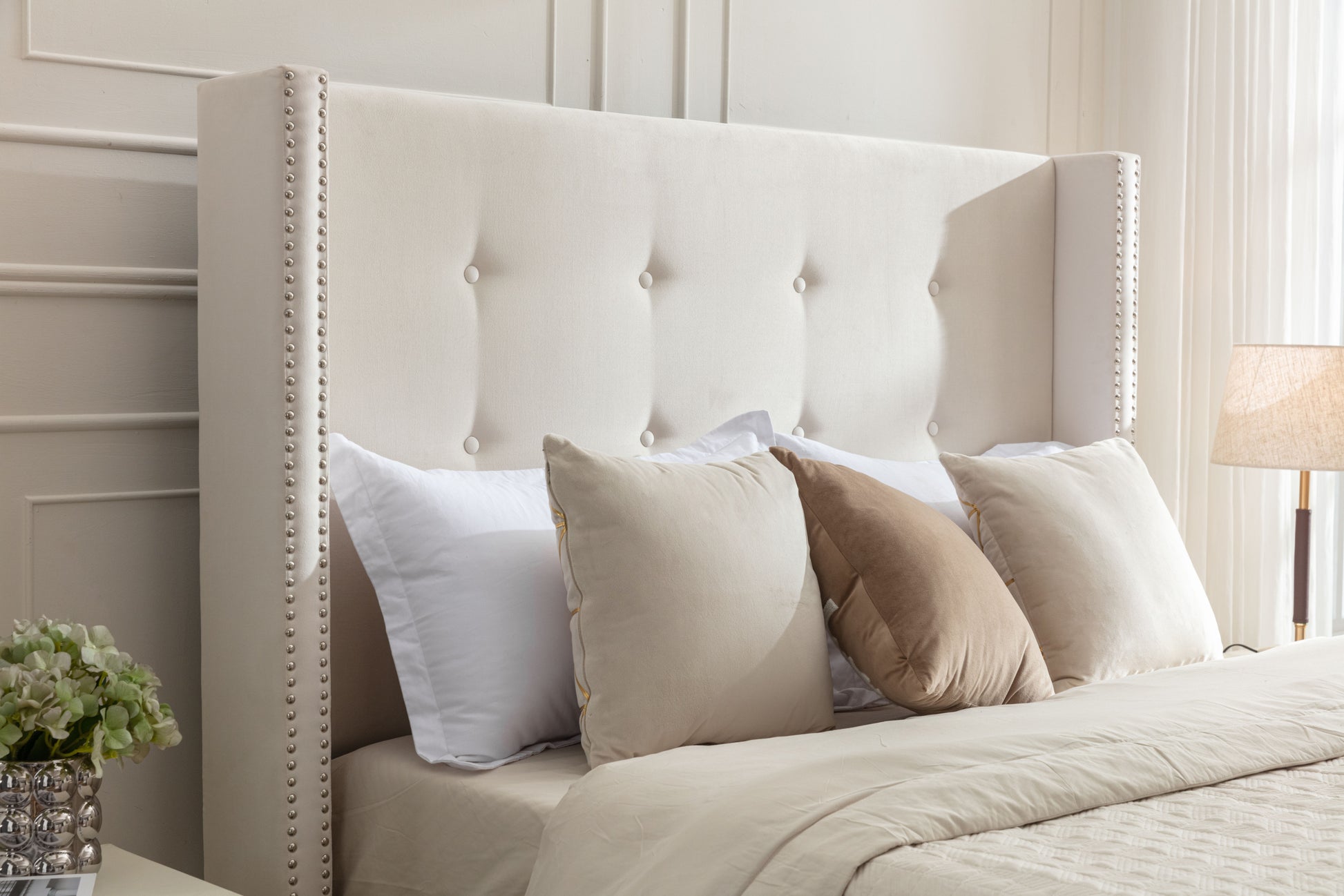 Peyton Upholstered King Bed 54" High Headboard Traditional Hand Buttoned Tufting Trim Wingback No Box Spring Needed Easy Assembly Ivory Velvet Box Spring Not Required King Ivory Brown Metal Bedroom Classic,European,Modern,Traditional Oak Bed Frame Foam