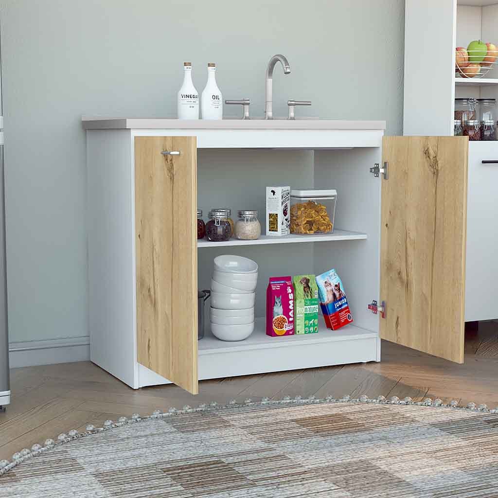 Napoles Utility Sink With Cabinet, One Shelf, Double Door Cabinet White Light Oak Freestanding Multicolor Kitchen Shelves Included Modern Particle Board Particle Board