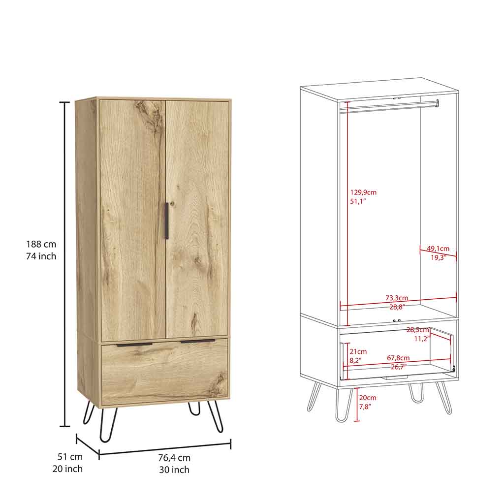 Augusta Armoire Closet, One Drawer, Double Door Cabinet Light Oak Beige Light Brown Bedroom Modern Oak Particle Board Particle Board