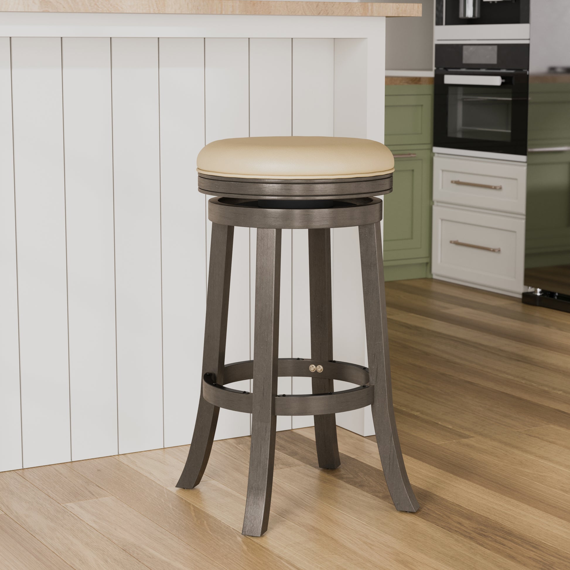 30" Bar Stool, Weathered Gray Finish, French Gray Leather Seat Gray Bonded Leather