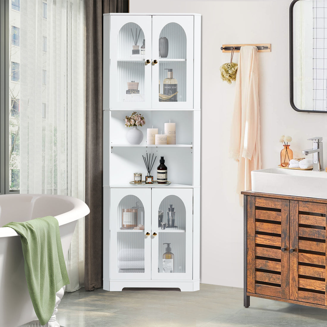 White Tall Corner Cabinet With Glass Doors & Led