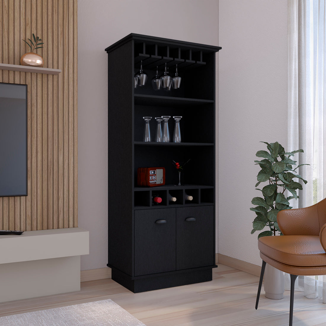 Dundee 70 Inch High 10 Glass Bar Cabinet With 5 Cubbies And 3 Open Shelves And Cabinet Black Black Kitchen Modern Particle Board