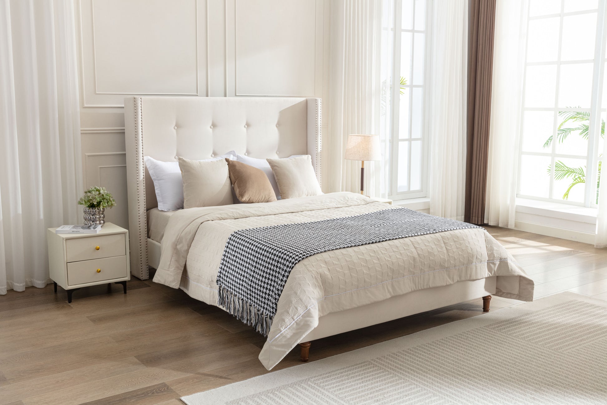 Peyton Upholstered Queen Bed 54" High Headboard Traditional Hand Buttoned Tufting Trim Wingback No Box Spring Needed Easy Assembly Ivory Velvet Box Spring Not Required Queen Ivory Brown Metal Bedroom Classic,European,Modern,Traditional Oak Bed Frame Foam