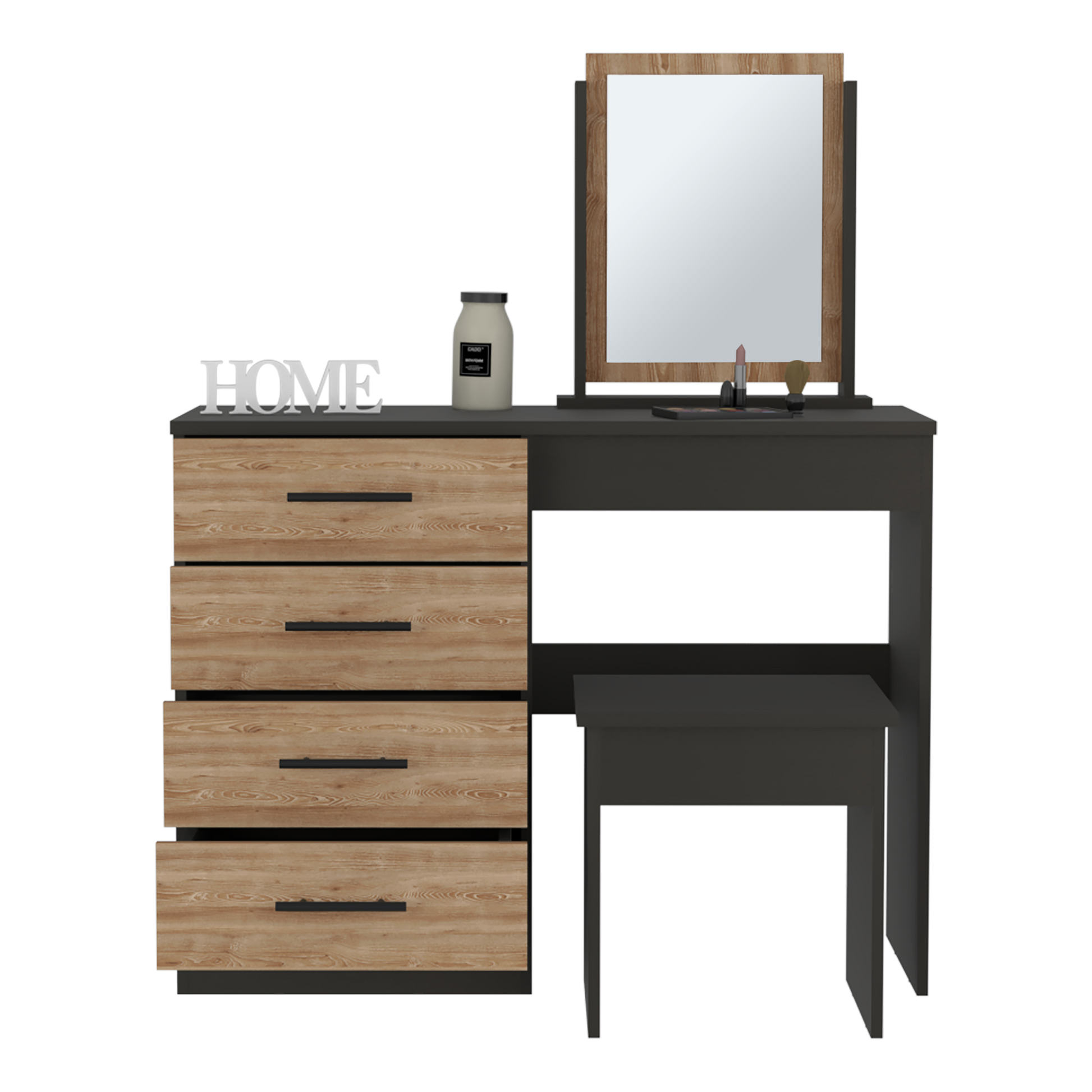 Kaia Makeup Vanity, Four Drawers, One Mirror, Stool Black Pine Multicolor Drawer 4 Drawers Bedroom Shelf Modern Mirror Included Particle Board Particle Board