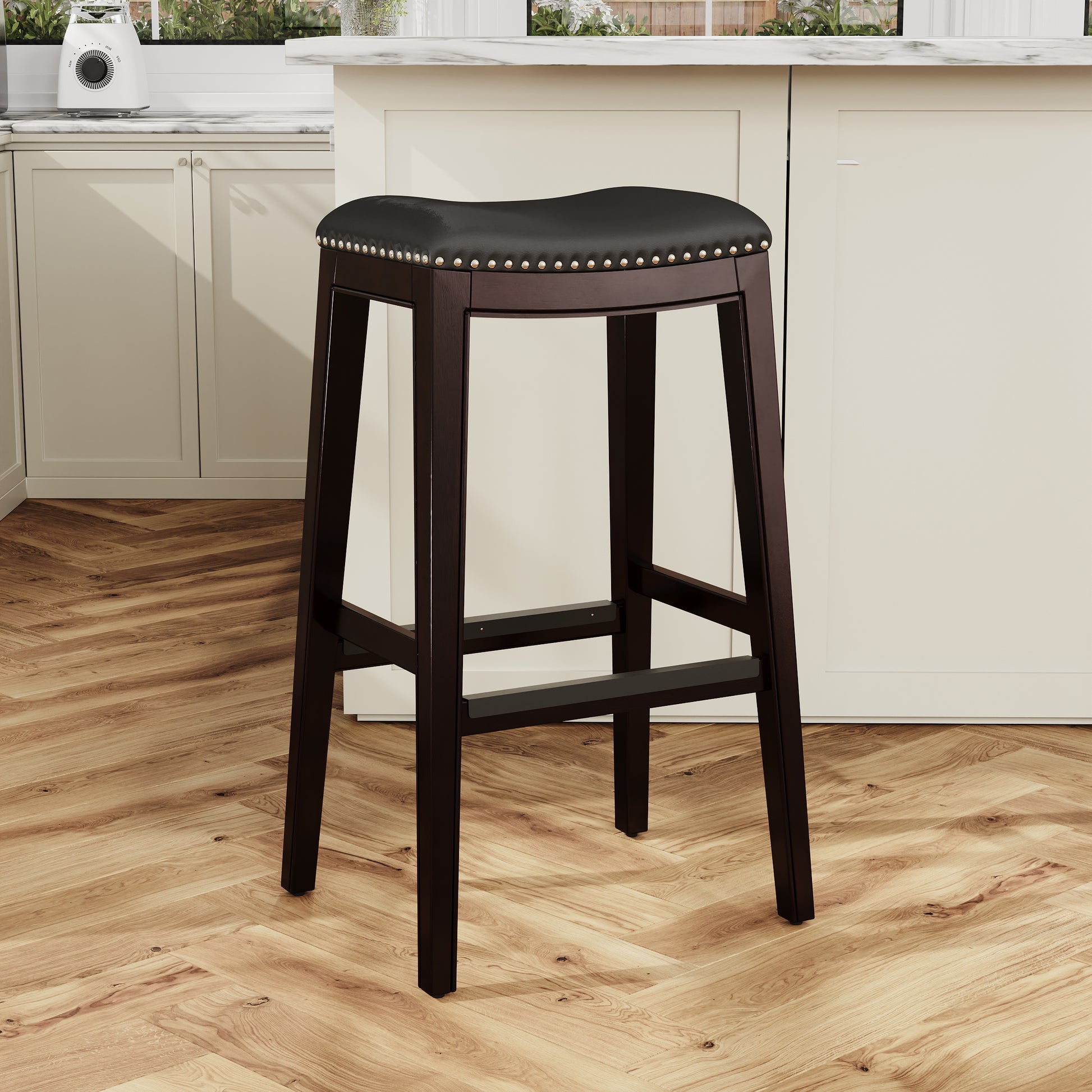 30" Bar Stool, Espresso Finish, Black Leather Seat Espresso Bonded Leather