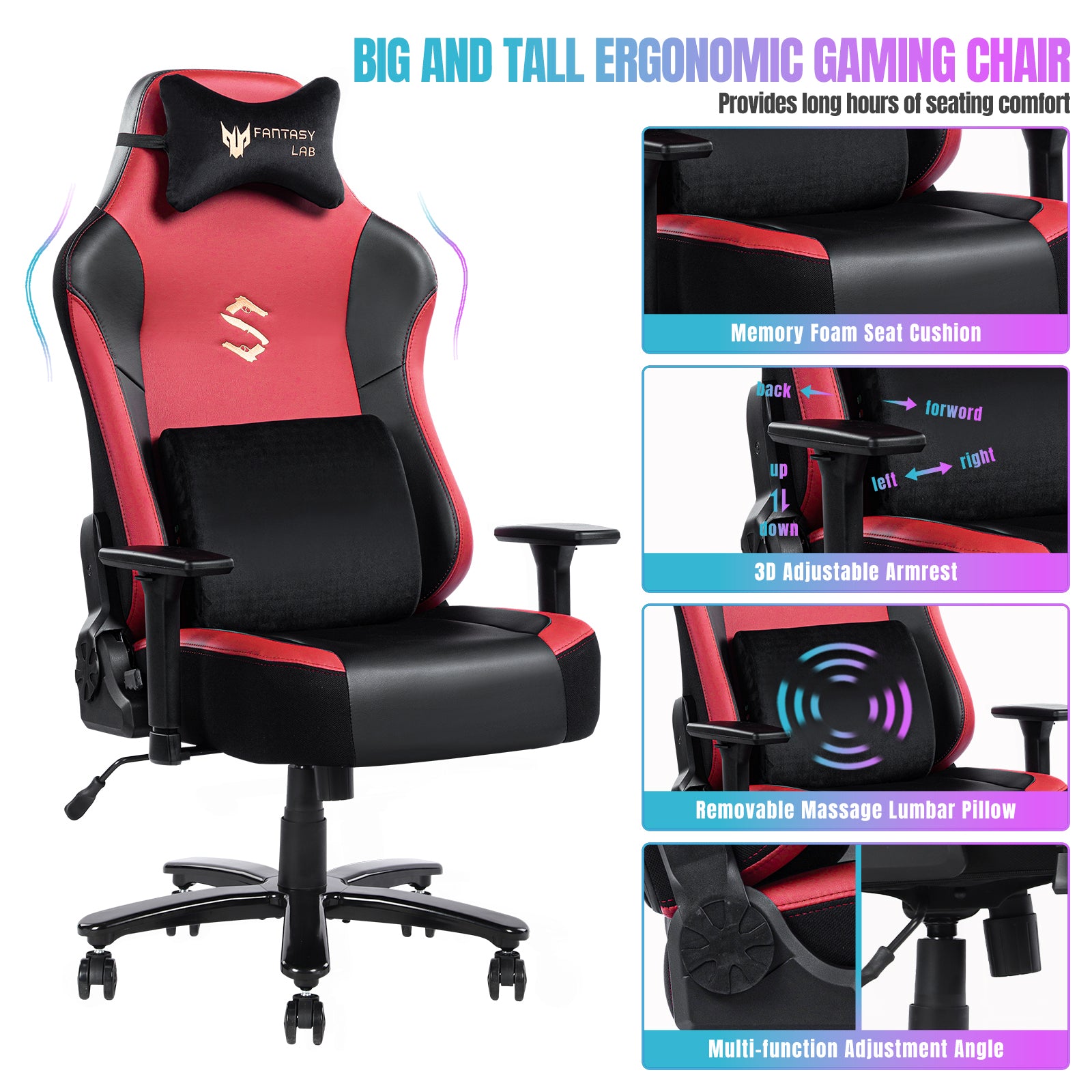 Big And Tall Gaming Chair 400Lbs Gaming Chair With Massage Lumbar Pillow, Headrest, 3D Armrest, Metal Base, Pu Leather Metal Red Handle Pu Leather