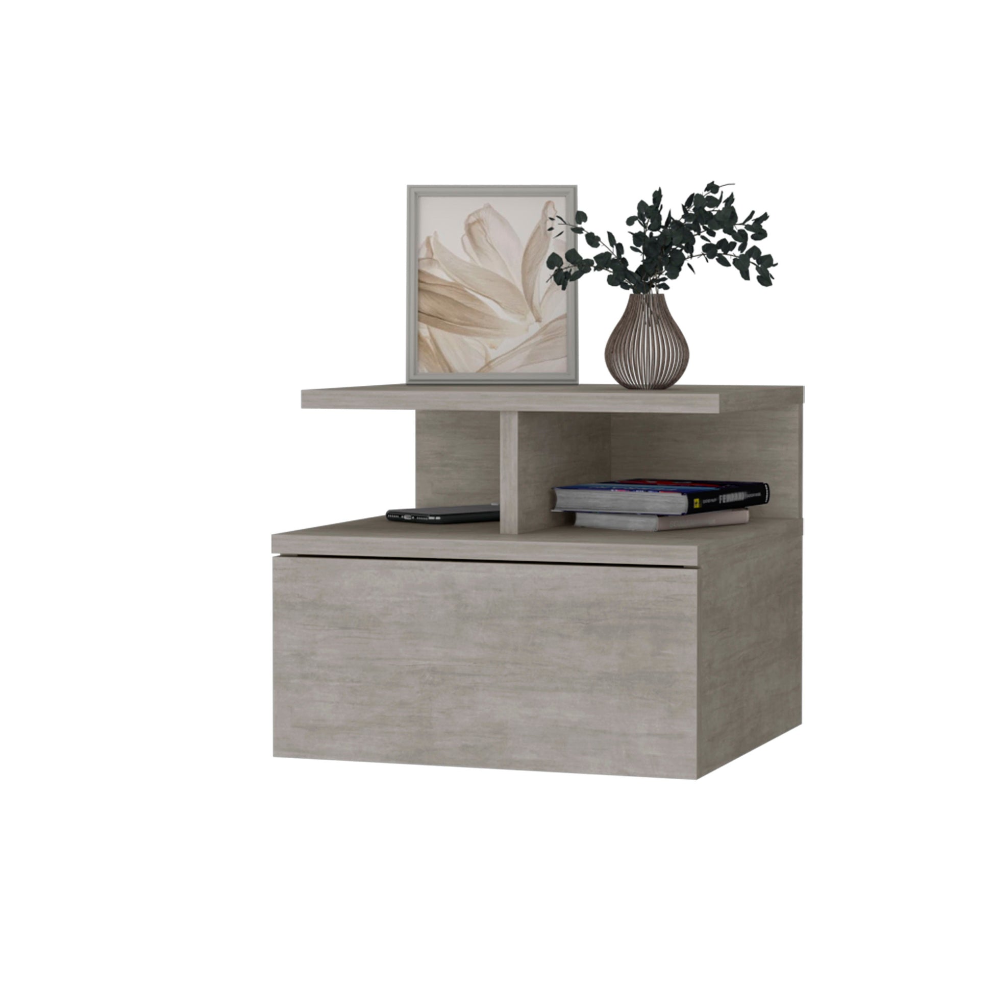 Concrete Gray 2 Tier Shelf Floating Nightstand Gray Gray 1 Drawer Bedroom Floating Shelf Wood