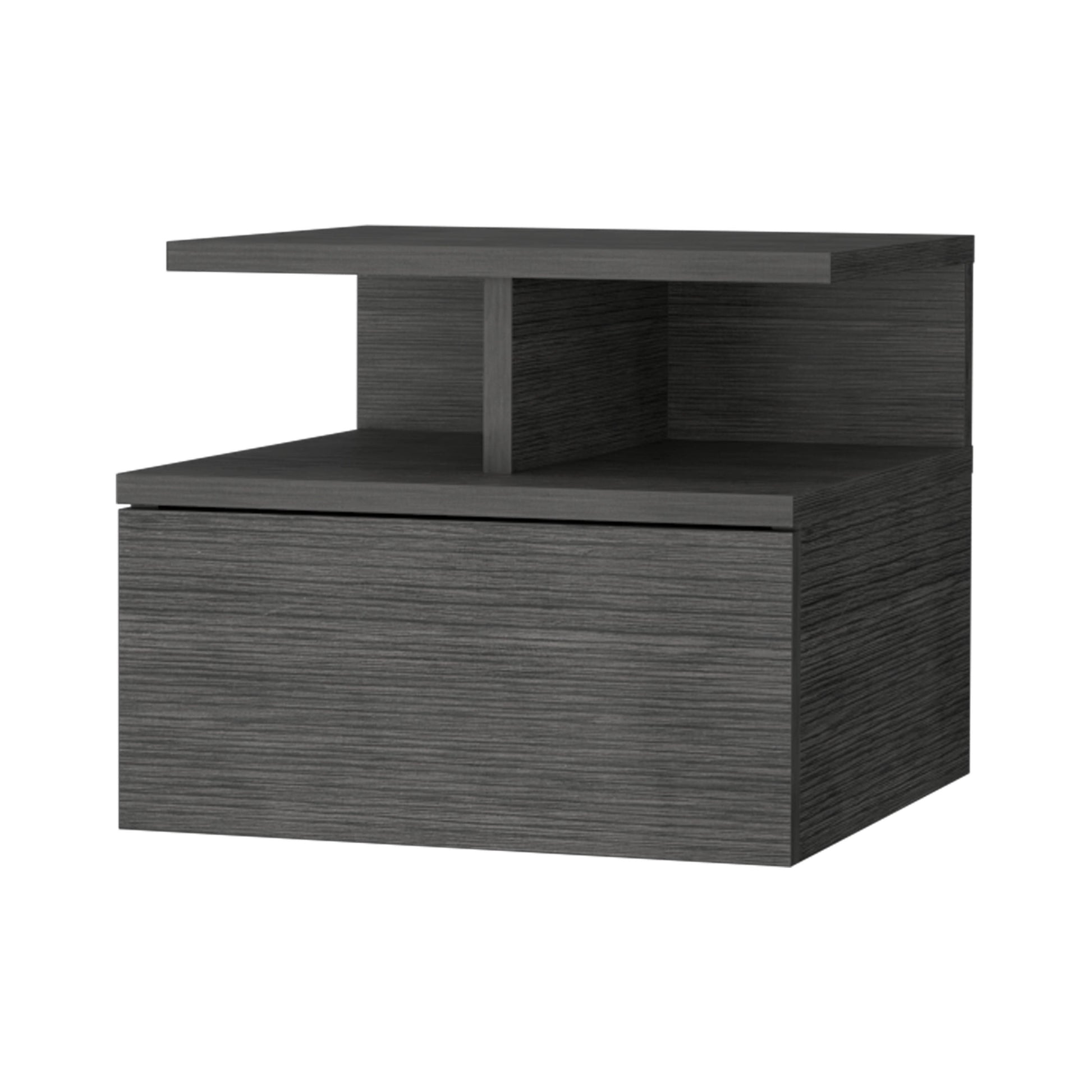 Smokey Oak 2 Tier Shelf Floating Nightstand Gray 1 Drawer Bedroom Floating Shelf Wood