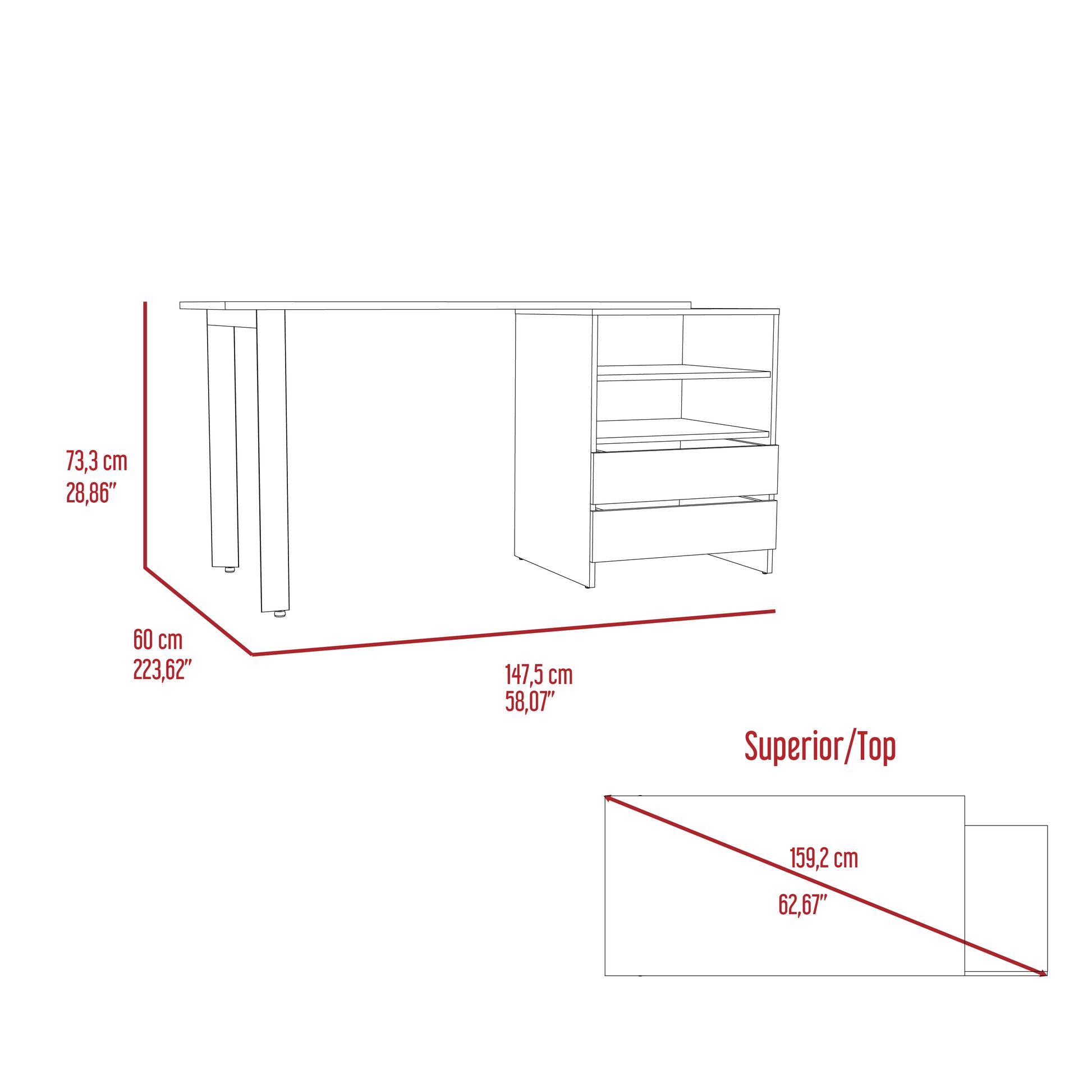 Malaui 120 Desk, Two Legs, Two Drawers, Two Shelves Light Gray Gray Computer Desk Office Modern Freestanding Rectangular Shelves Desk Rectangular Particle Board Particle Board