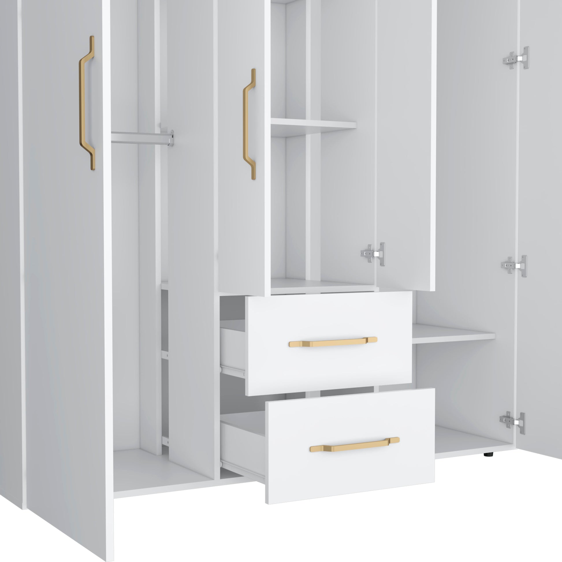 Bariloche Wardrobe, Multi Section Storage With Hanging Rods, Shelves, And 2 Drawers White White Bedroom Modern Particle Board