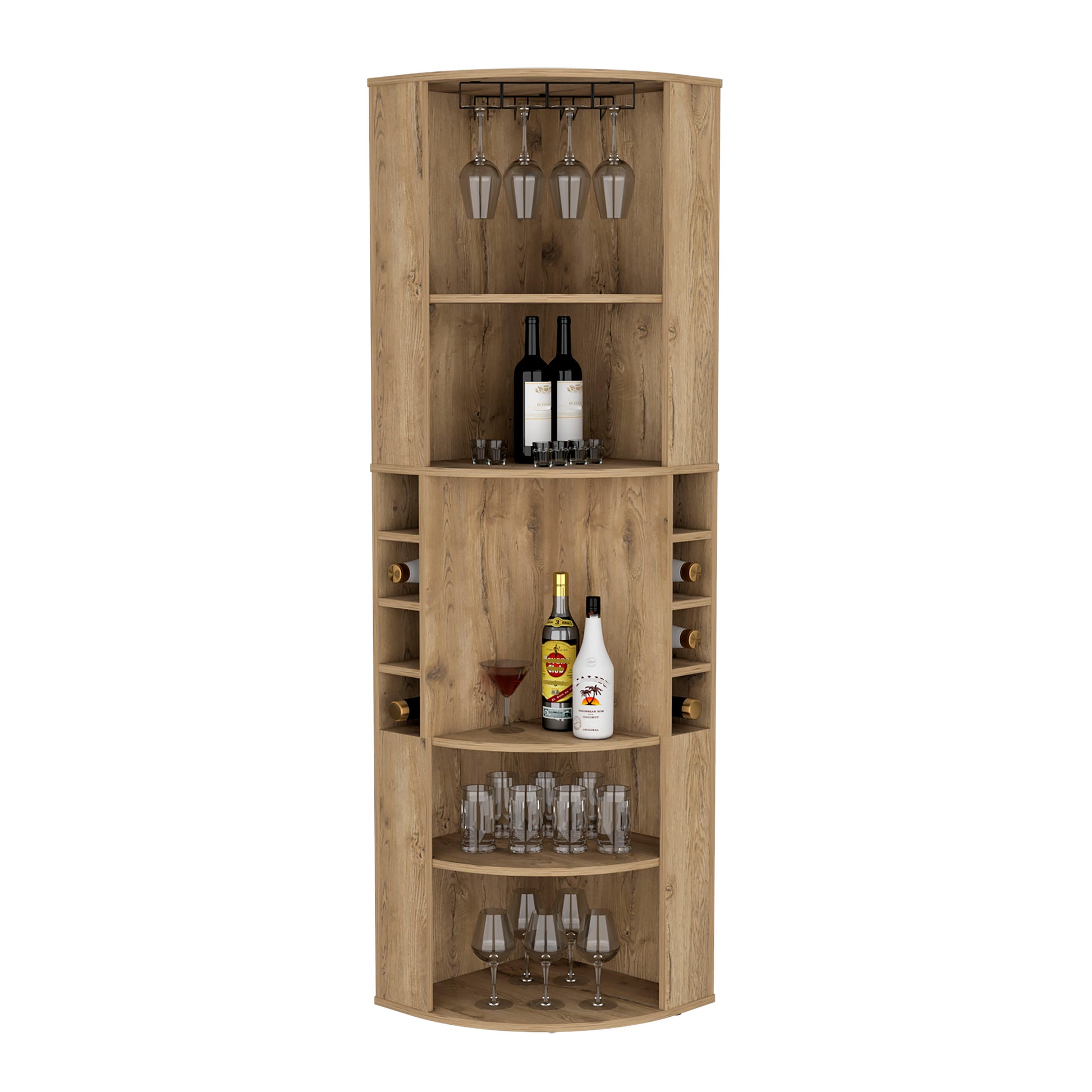 71" Corner Bar Cabinet With Five Shelves, Eight Bottle Cubbies And Stemware,Macadamia Beige Primary Living Space Particle Board Particle Board