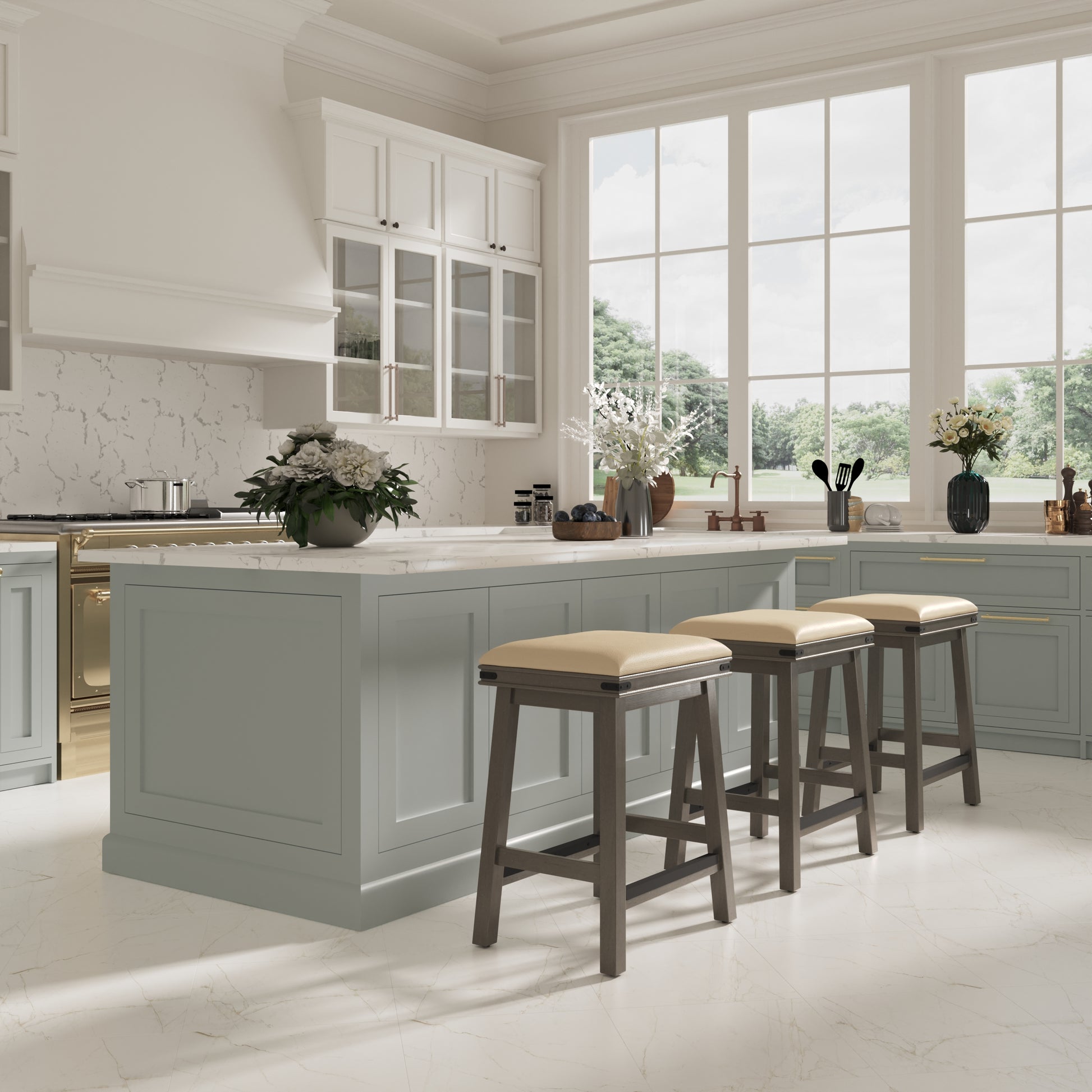 24" Counter Stool, Weathered Gray Finish, French Gray Leather Seat Gray Bonded Leather