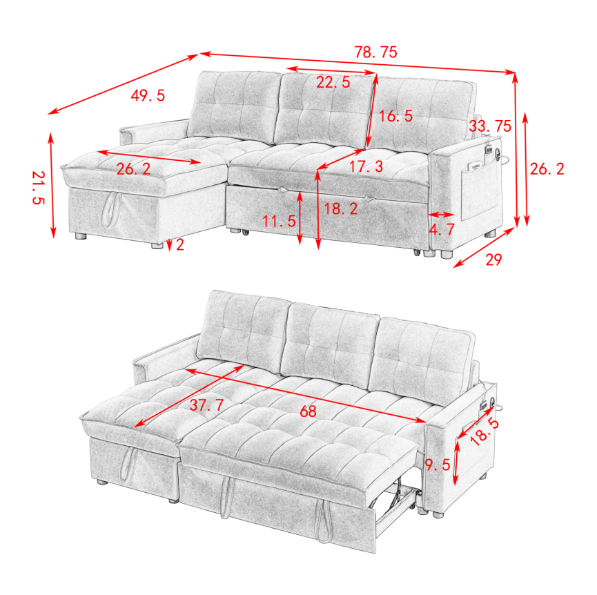 Mh 78.75" Reclining Sofa, Pull Out Sofa Bed With Usb And Tape C Charging Ports, L Shaped Sectional Sofa With Reclining Storage And Arm Side Organizer Pocket Features, Living Room Comfort Sofa Beige Chenille Wood Primary Living Space Eucalyptus Foam