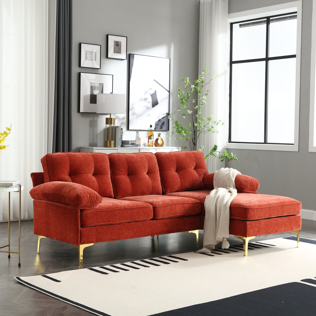 L Shaped Sofa Red Chenille