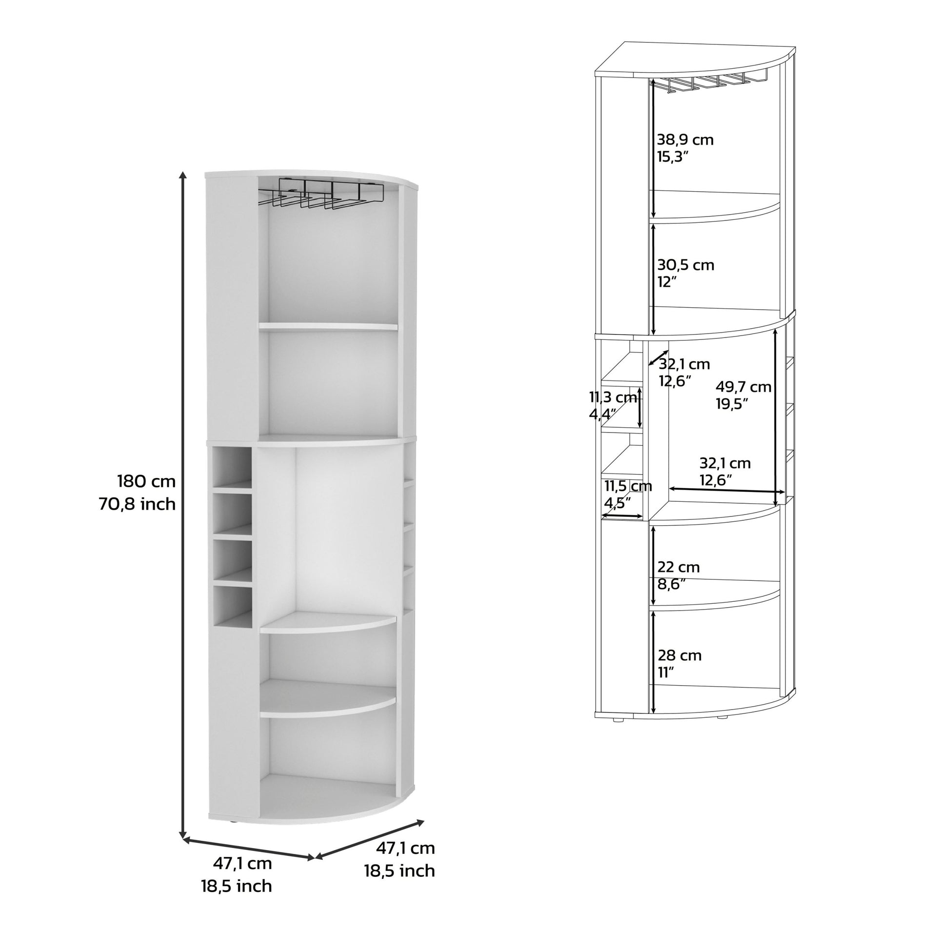 71" Corner Bar Cabinet With Five Shelves, Eight Bottle Cubbies And Stemware,White White Particle Board Particle Board