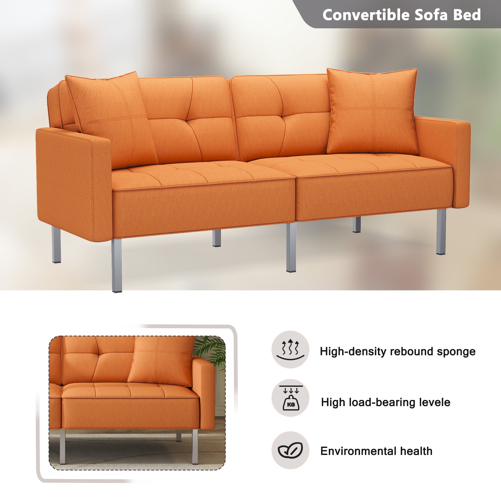 Orisfur. Linen Upholstered Modern Convertible Folding Futon Sofa Bed For Compact Living Space, Apartment, Dorm Orange Foam Linen