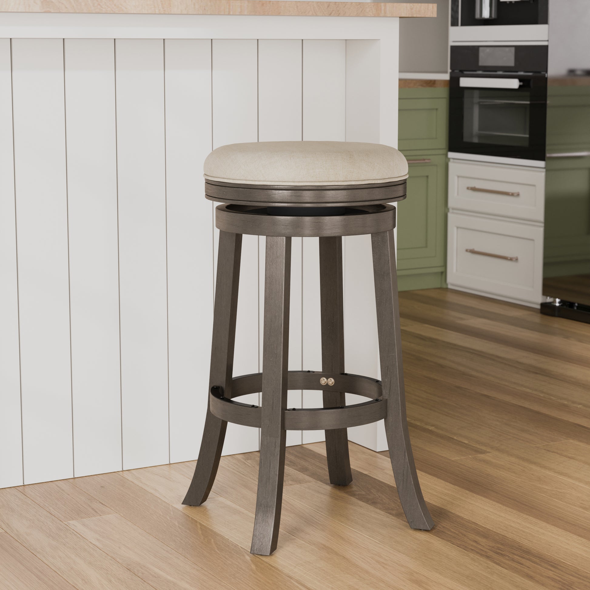 30" Bar Stool, Weathered Gray Finish, Beige Fabric Seat Gray Fabric