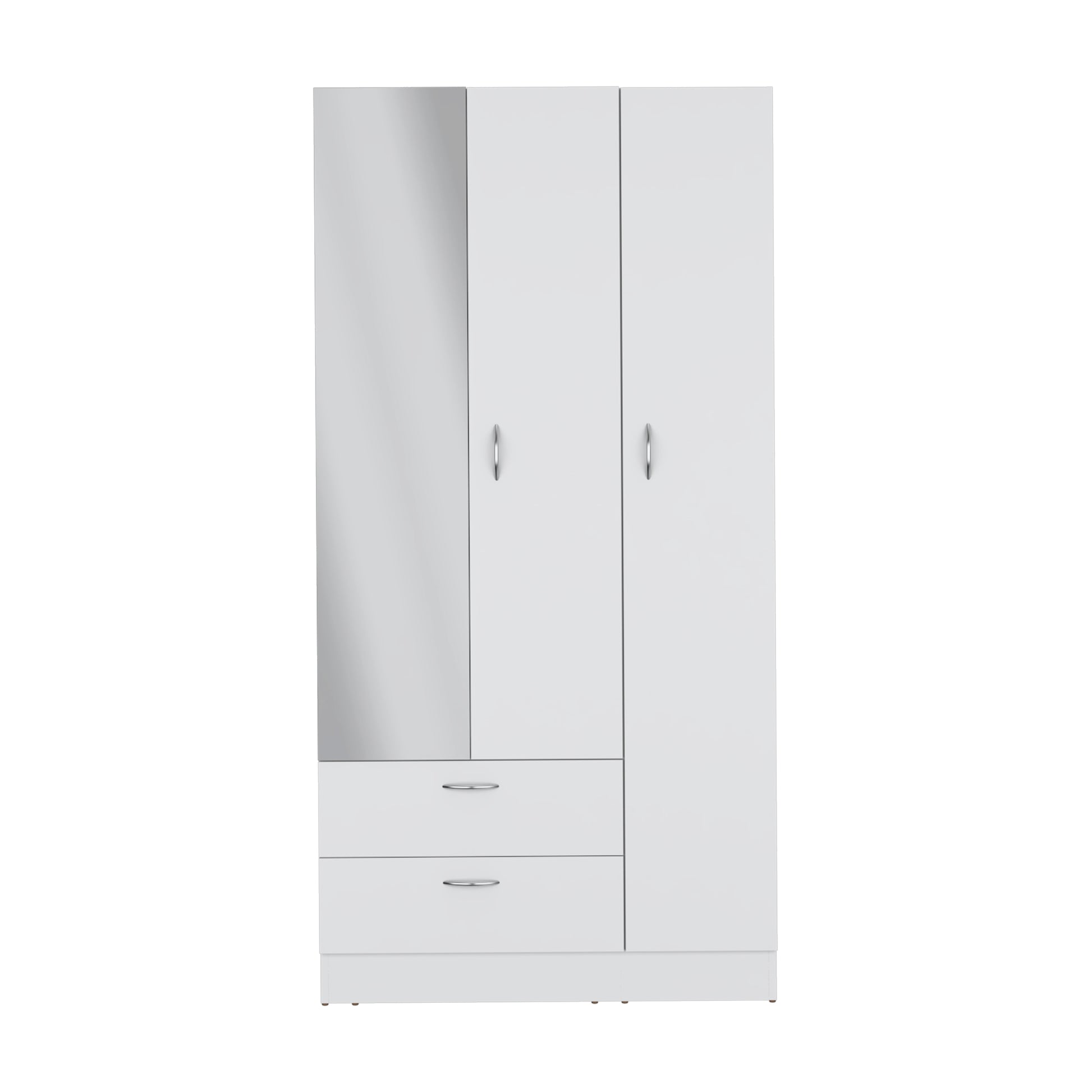 Wardrobe With 3 Doors, One With Mirror, Two Drawers, Four Shelves And Hanging Bar,White White Particle Board Particle Board