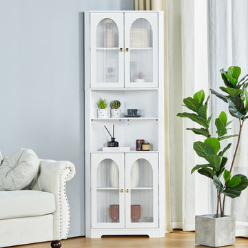 White Tall Corner Cabinet With Glass Doors & Led
