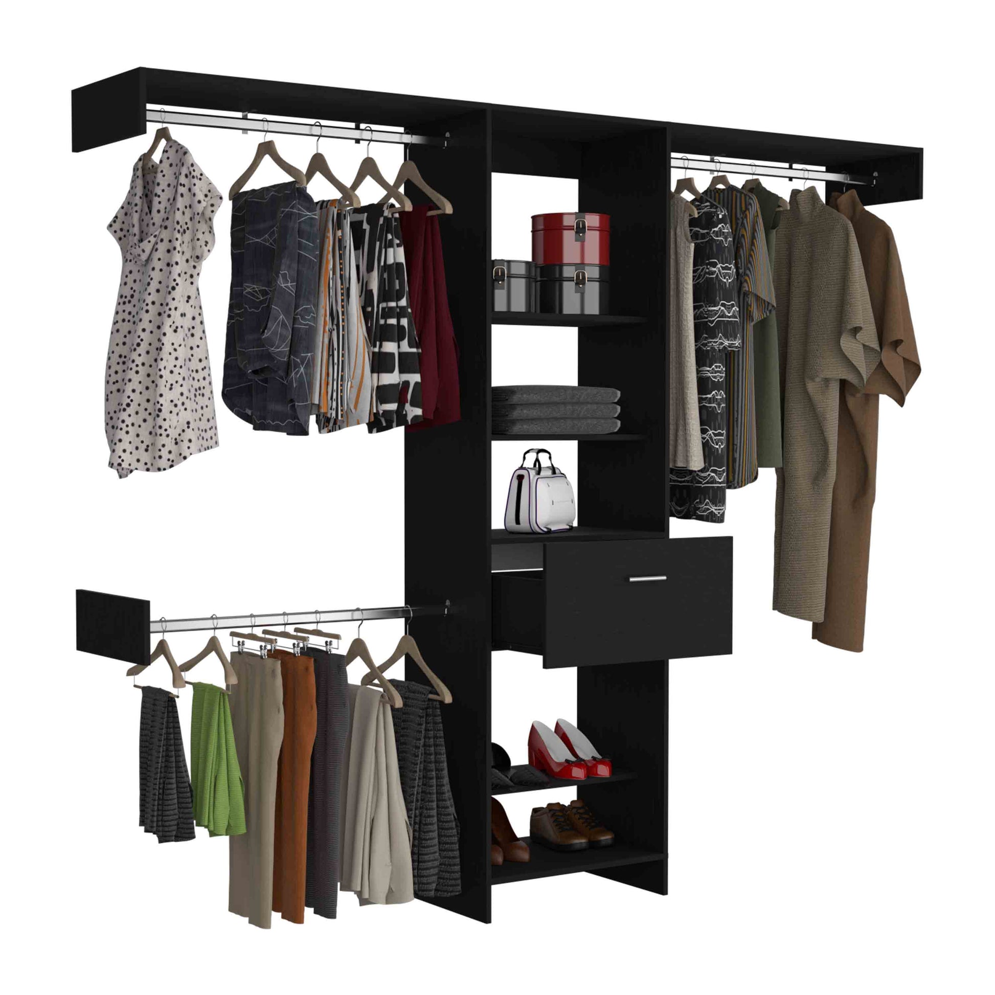 Manchester 250 Closet System, Five Open Shelves, One Drawer, Three Metal Rods Black Black Bedroom Modern Particle Board Particle Board