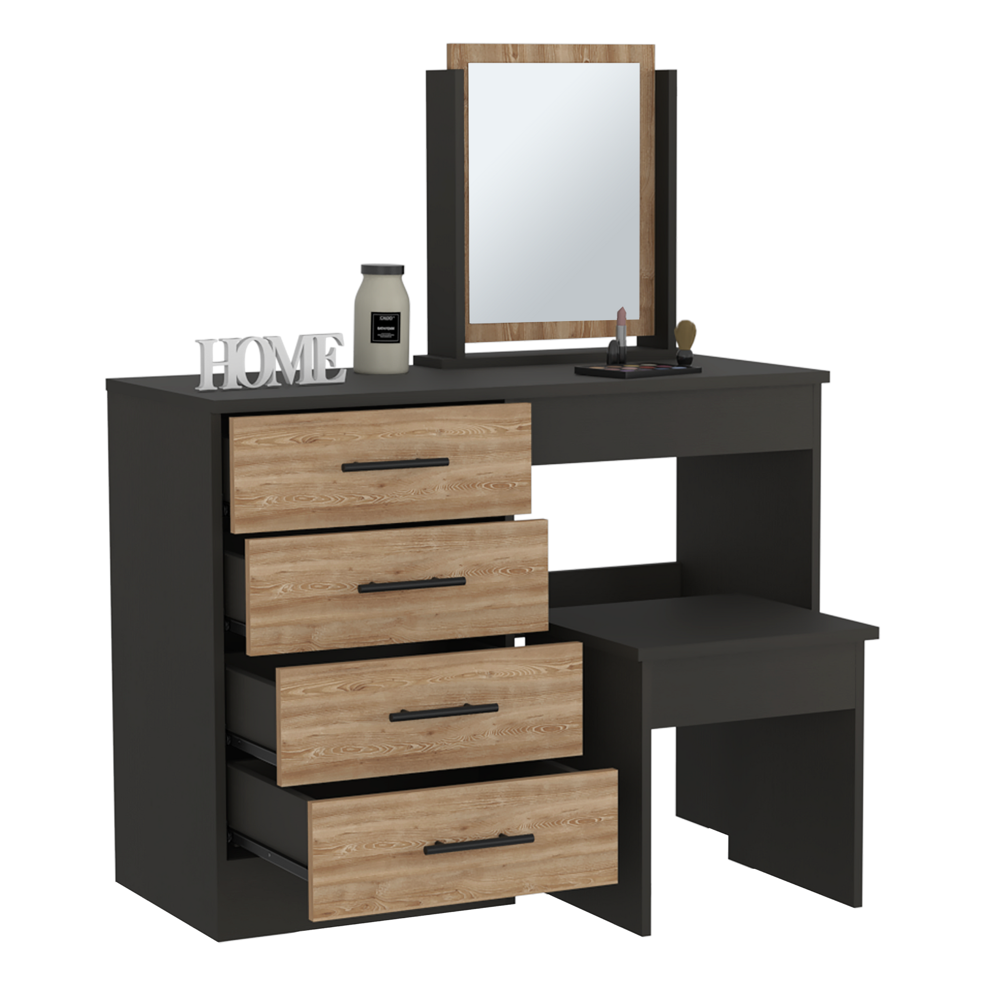 Kaia Makeup Vanity, Four Drawers, One Mirror, Stool Black Pine Multicolor Drawer 4 Drawers Bedroom Shelf Modern Mirror Included Particle Board Particle Board