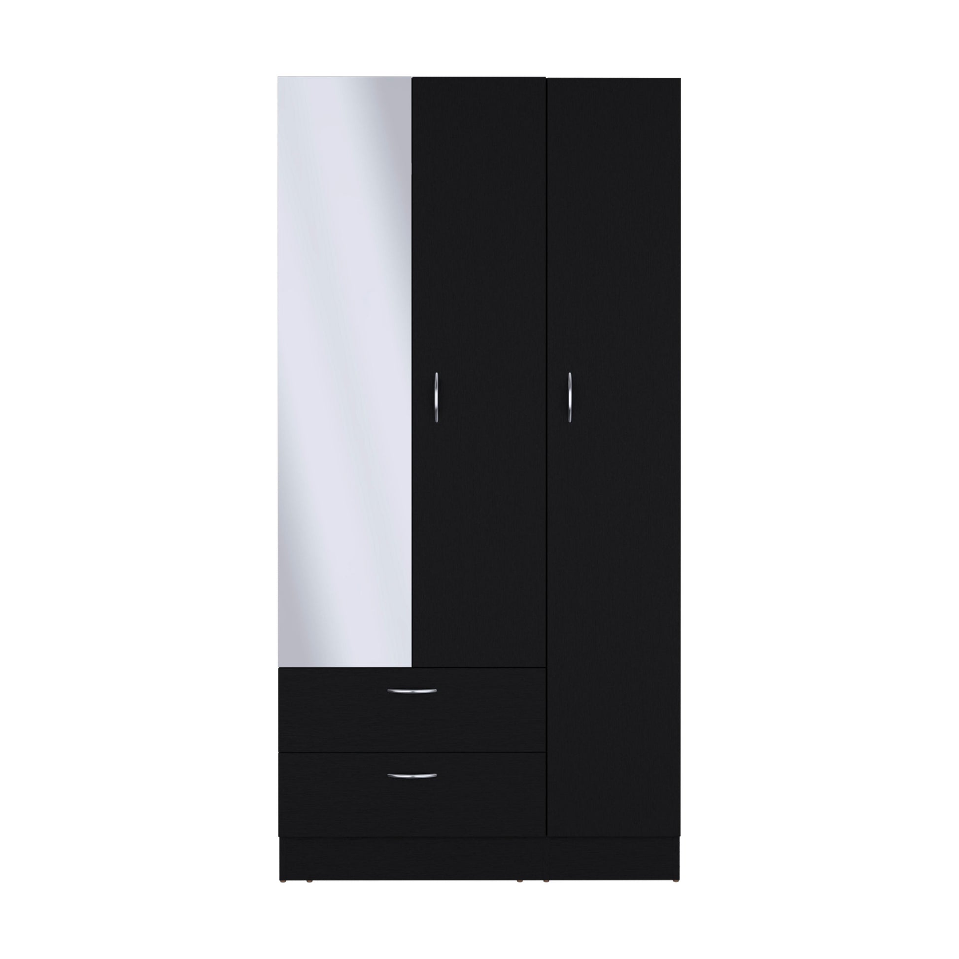 Wardrobe With 3 Doors, One With Mirror, Two Drawers, Four Shelves And Hanging Bar,Black Black Particle Board Particle Board