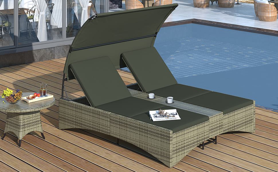 Patio Daybed Outdoor Daybed Outdoor Rattan Sun Lounger With Shelter Roof With Adjustable Backrest, Storage Box And 2 Cup Holders For Patio, Balcony, Poolside,Grey Yes Grey Seats 2 Water Resistant Frame Water Resistant Cushion Garden & Outdoor Sectional