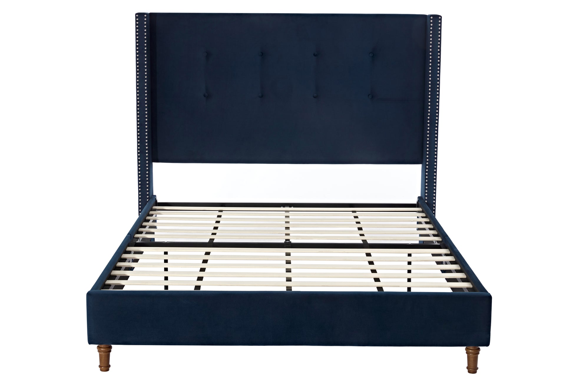 Peyton Upholstered Queen Bed 54" High Headboard Traditional Hand Buttoned Tufting Trim Wingback No Box Spring Needed Easy Assembly Blue Velvet Box Spring Not Required Queen Blue Brown Metal Bedroom Classic,European,Modern,Traditional Oak Bed Frame Foam