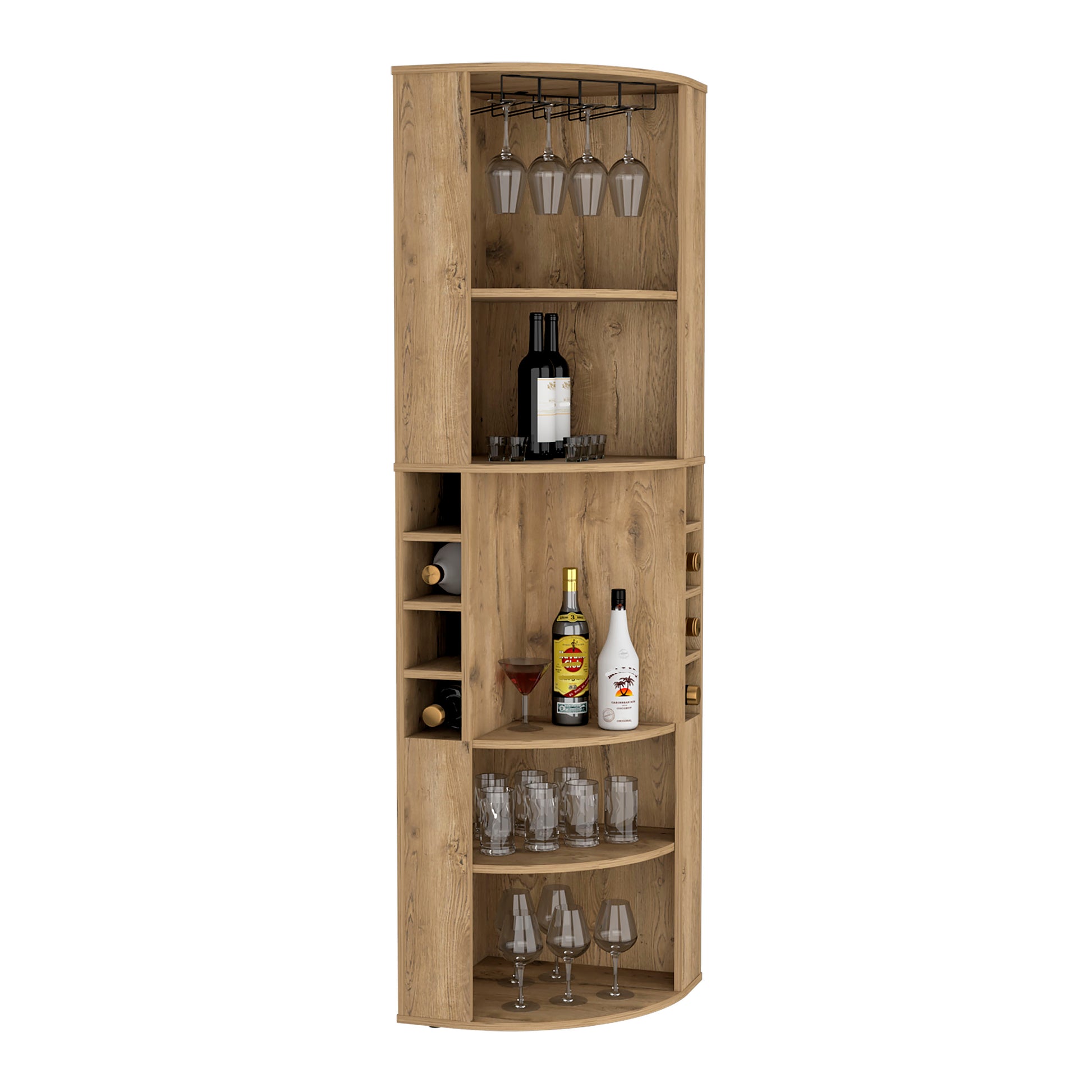 Corner Bar Cabinet 71"H With Five Shelves, Eight Bottle Cubbies And Stemware,Macadamia Beige Primary Living Space Particle Board Particle Board