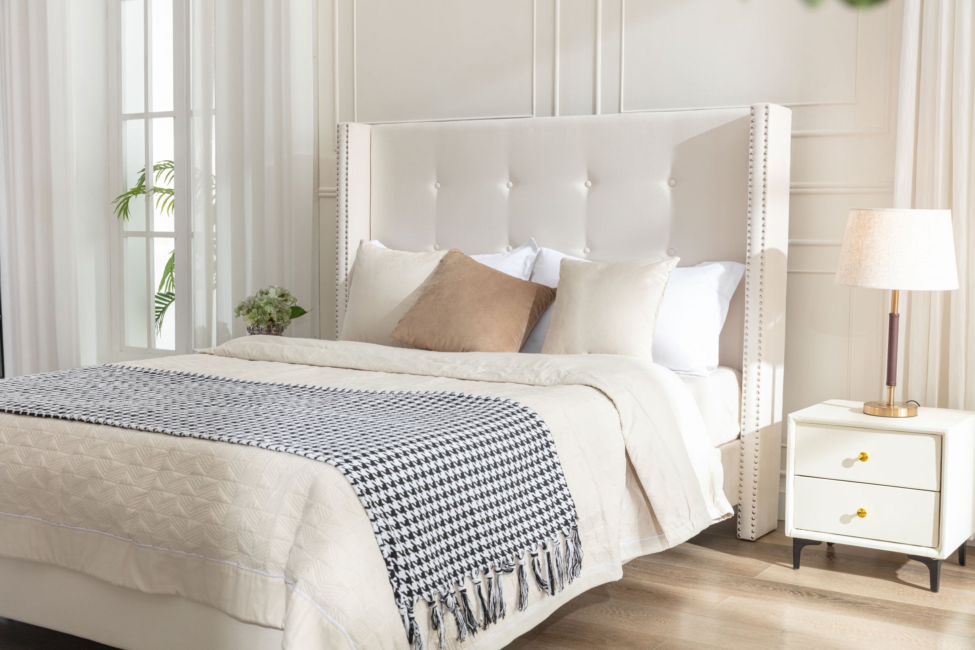 Peyton Upholstered King Bed 54" High Headboard Traditional Hand Buttoned Tufting Trim Wingback No Box Spring Needed Easy Assembly Ivory Velvet Box Spring Not Required King Ivory Brown Metal Bedroom Classic,European,Modern,Traditional Oak Bed Frame Foam