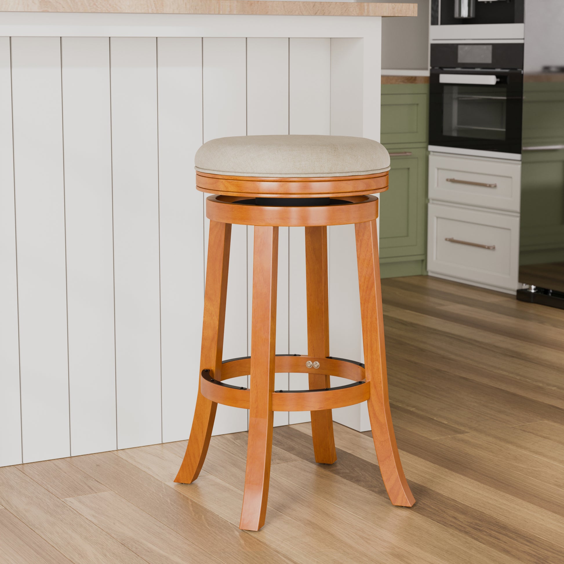 30" Bar Stool, Natural Finish, Beige Fabric Seat Natural Fabric