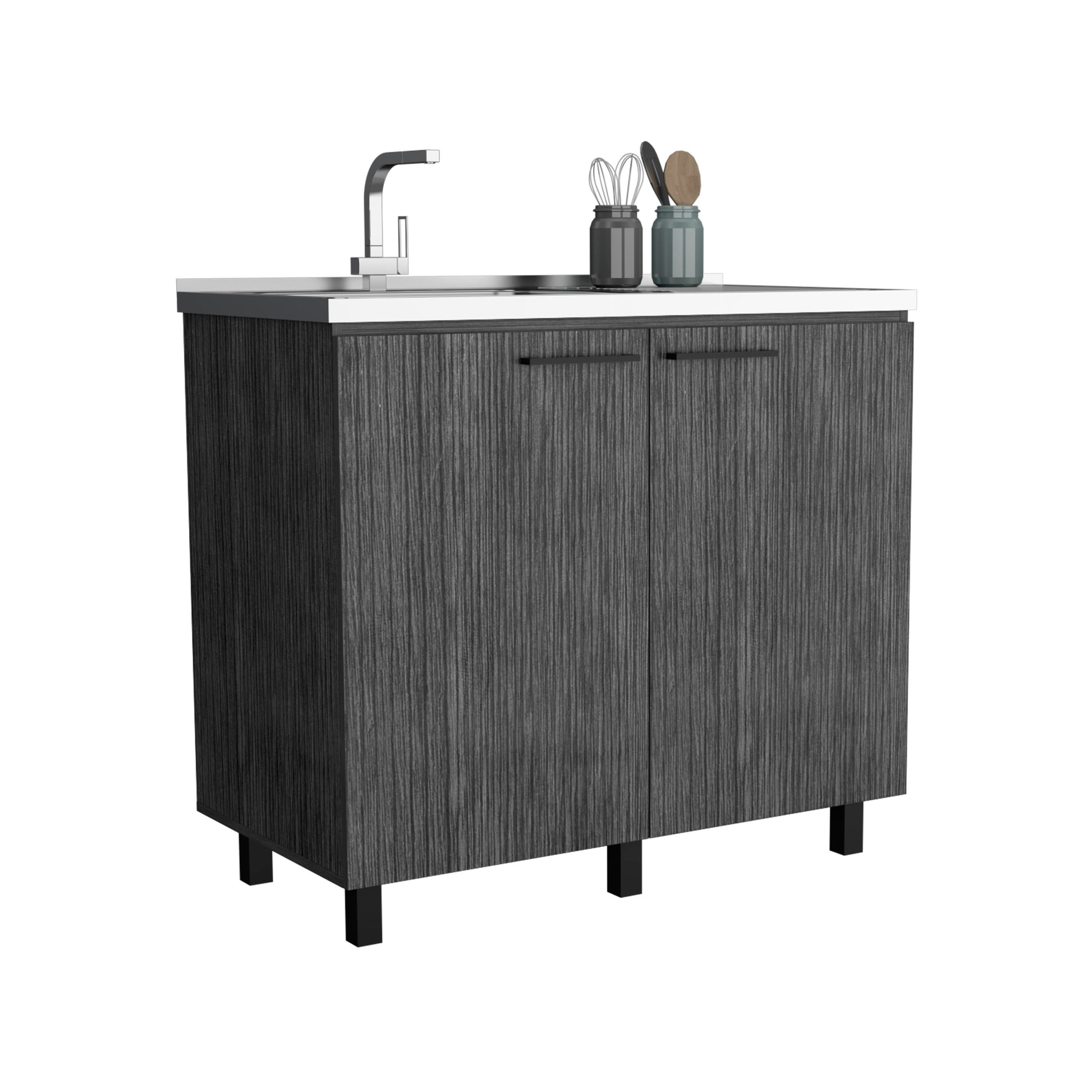 Napoles 2 Utility Sink With Cabinet, Stainless Steel Countertop, Interior Shelf Smokey Oak Smoke Grey Particle Board