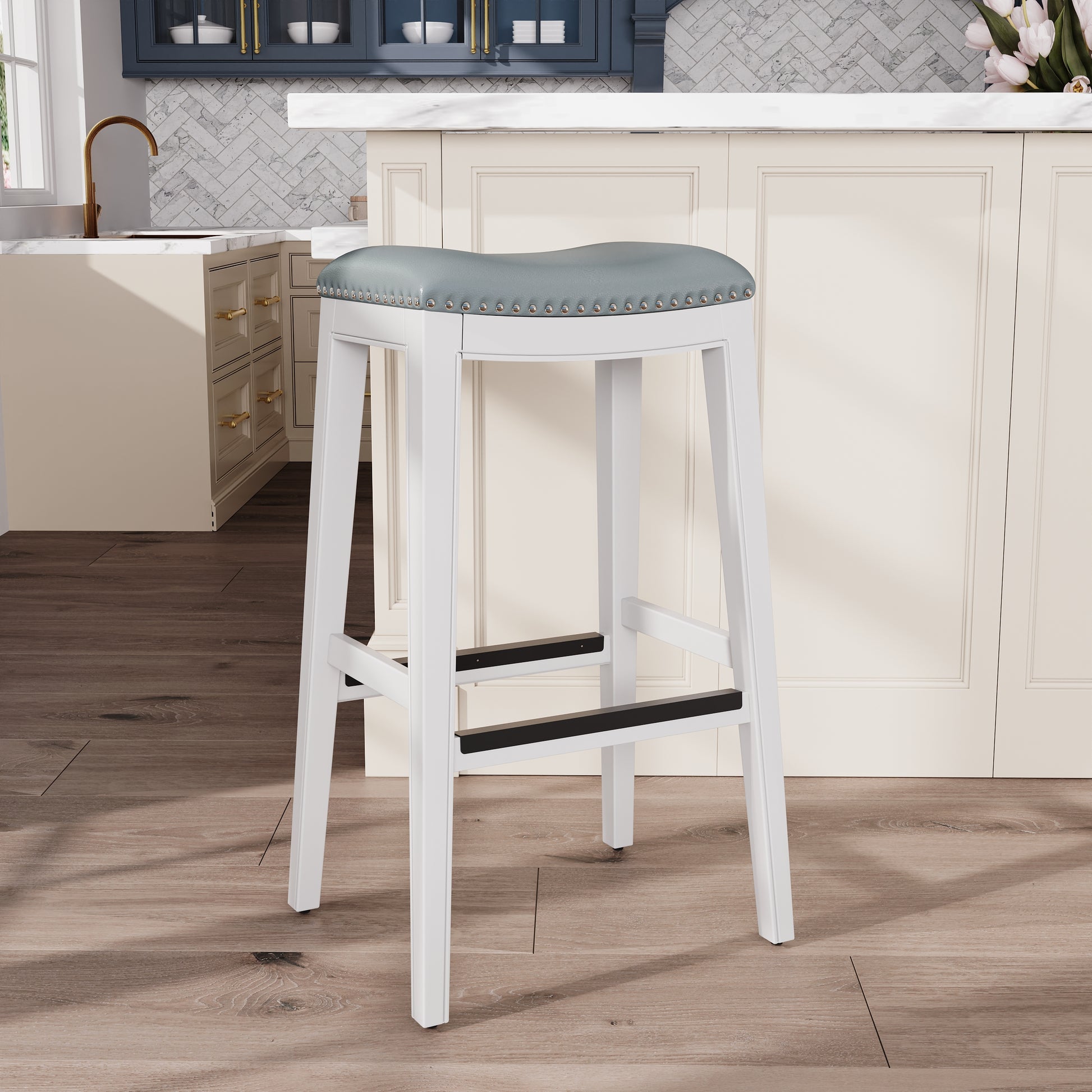 30" Bar Height Saddle Stool, White Finish, Gray Leather Seat White Polyester Bonded Leather