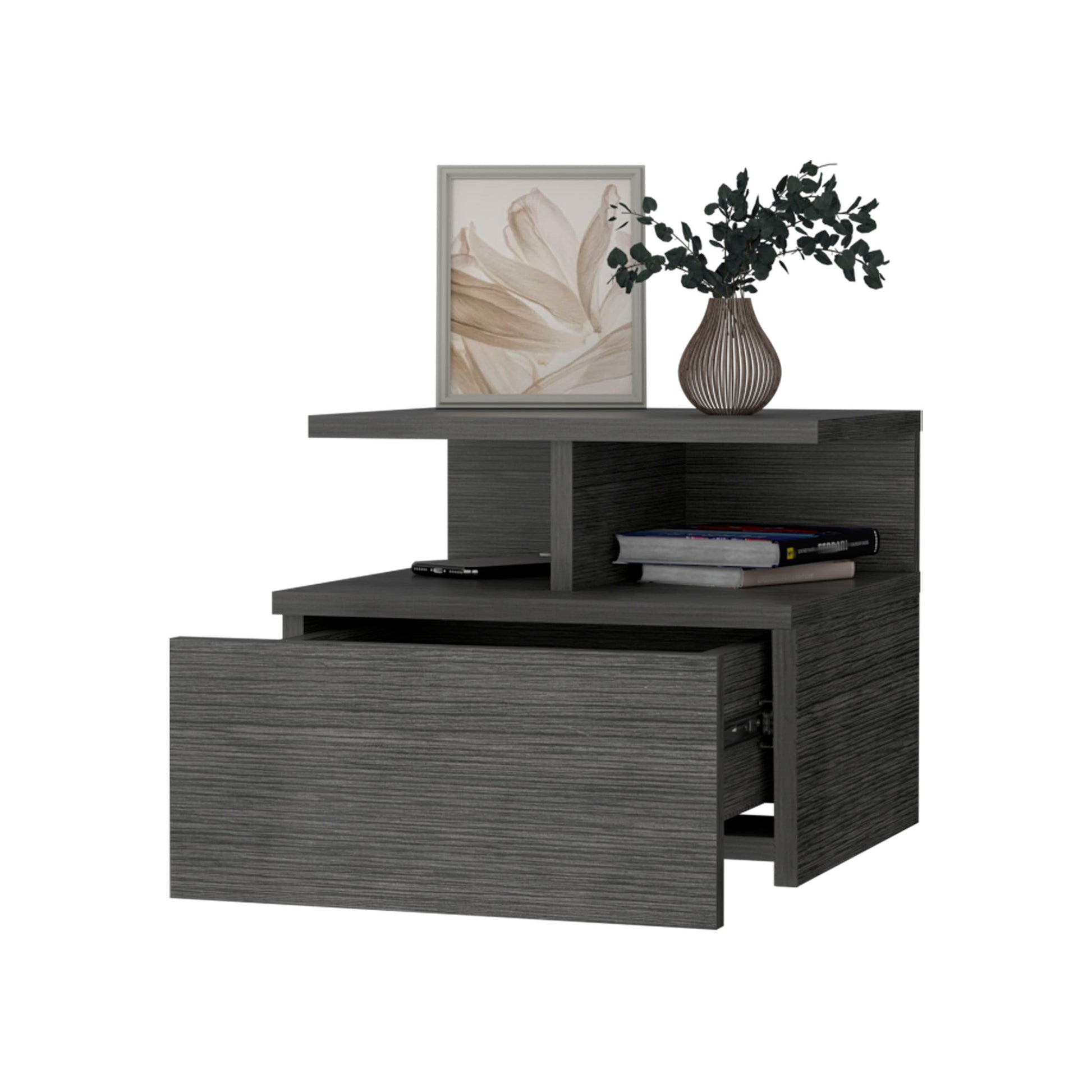 Smokey Oak 2 Tier Shelf Floating Nightstand Gray 1 Drawer Bedroom Floating Shelf Wood