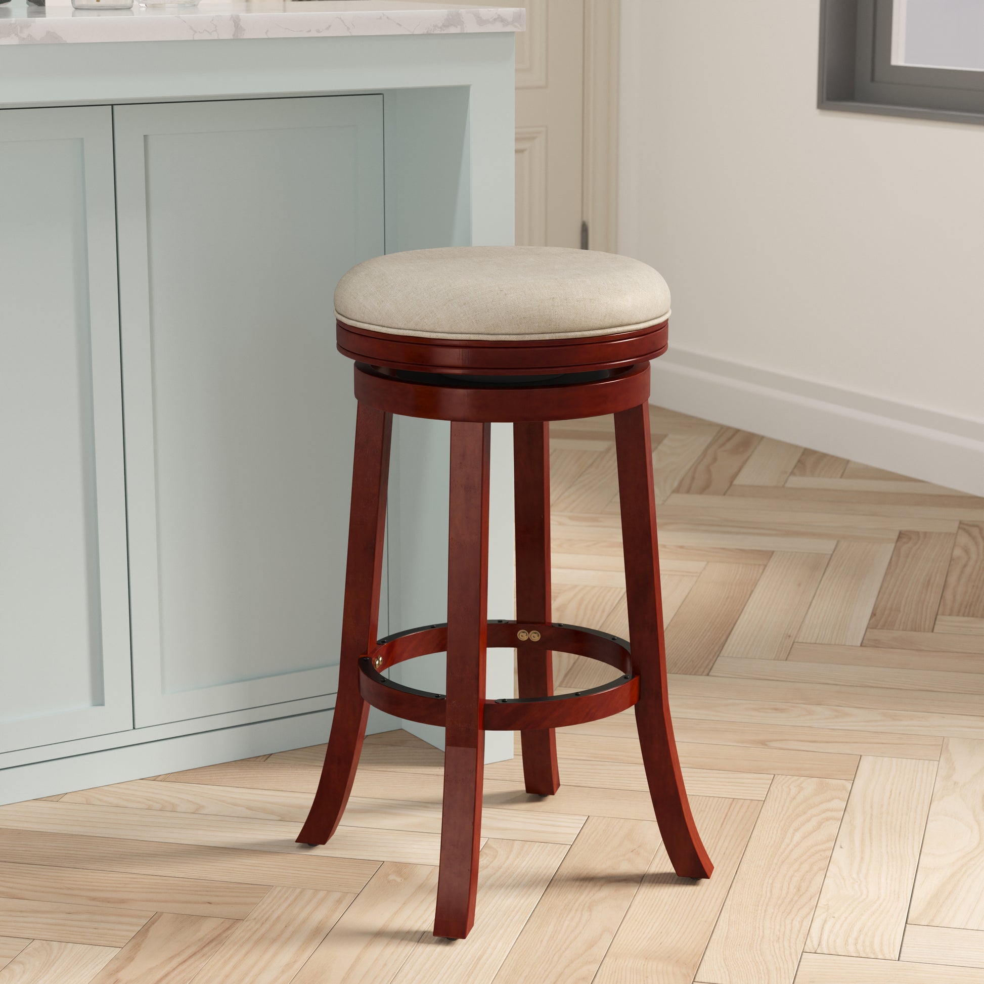 30" Bar Stool, Cherry Finish, Beige Fabric Seat Cherry Fabric