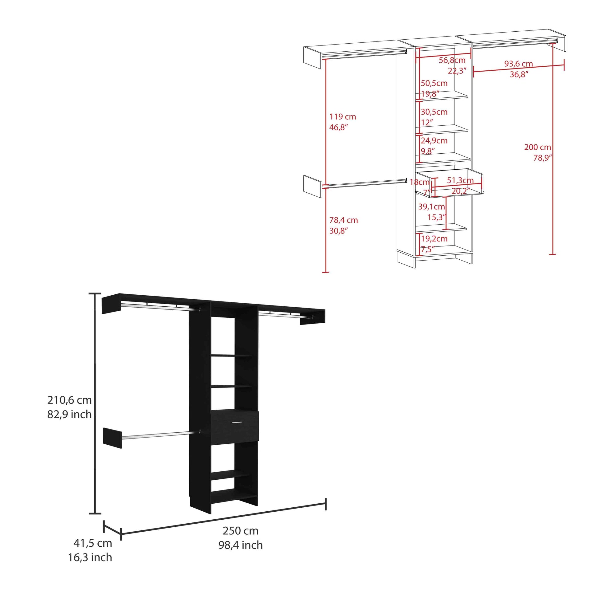 Manchester 250 Closet System, Five Open Shelves, One Drawer, Three Metal Rods Black Black Bedroom Modern Particle Board Particle Board