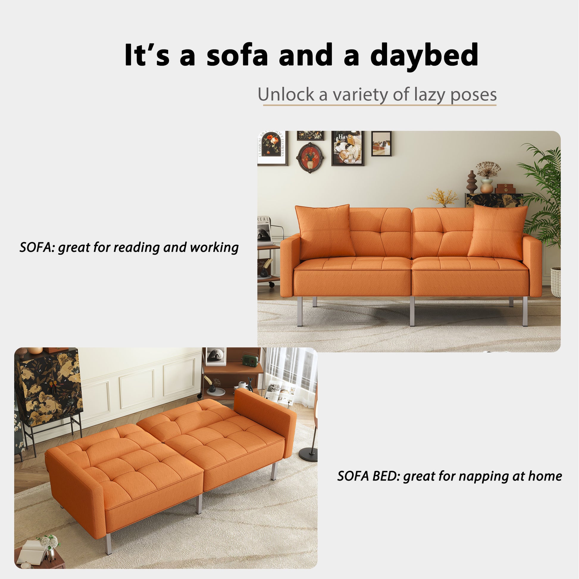 Orisfur. Linen Upholstered Modern Convertible Folding Futon Sofa Bed For Compact Living Space, Apartment, Dorm Orange Foam Linen