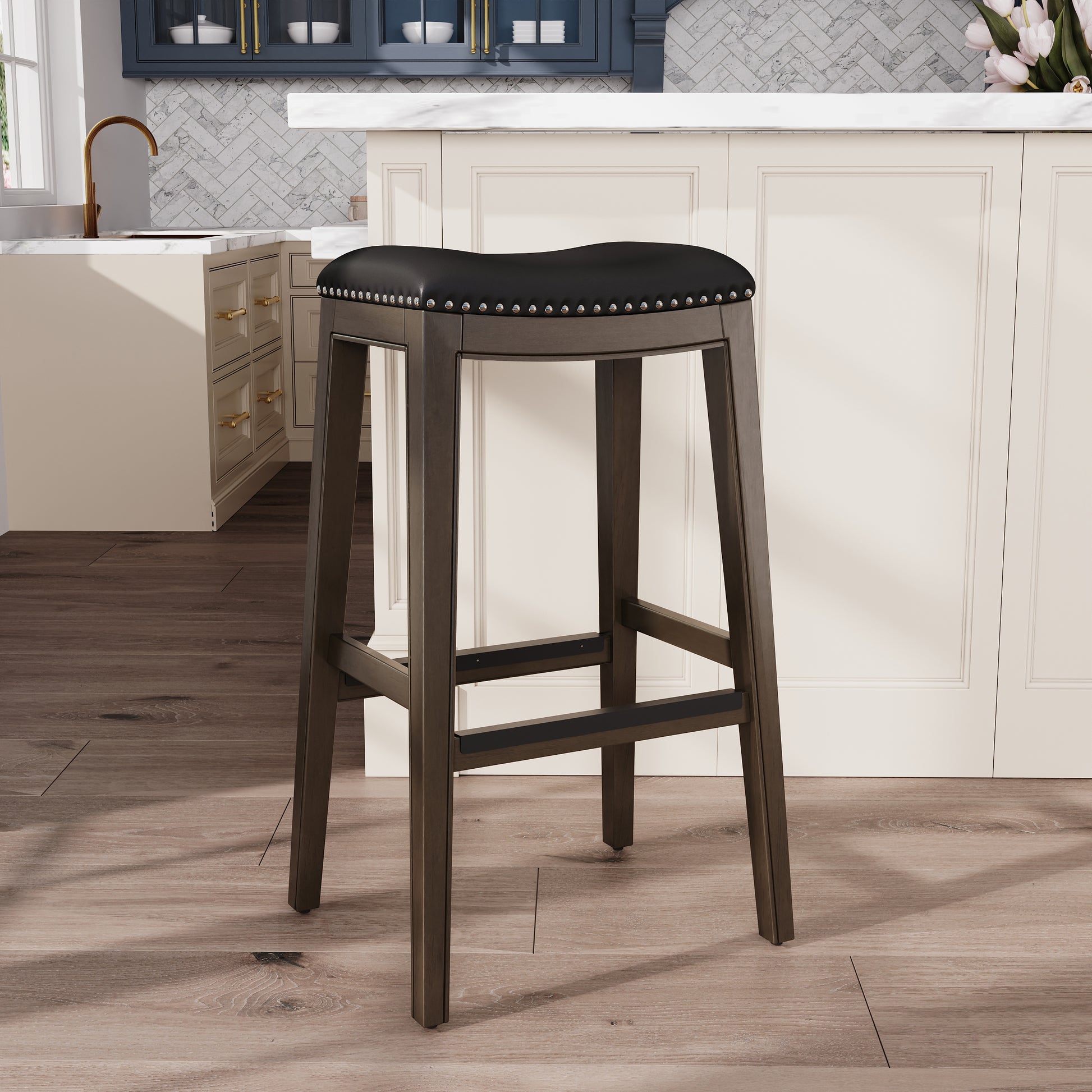 30" Bar Height Saddle Stool, Weathered Gray Finish, Black Leather Seat Gray Polyester Bonded Leather