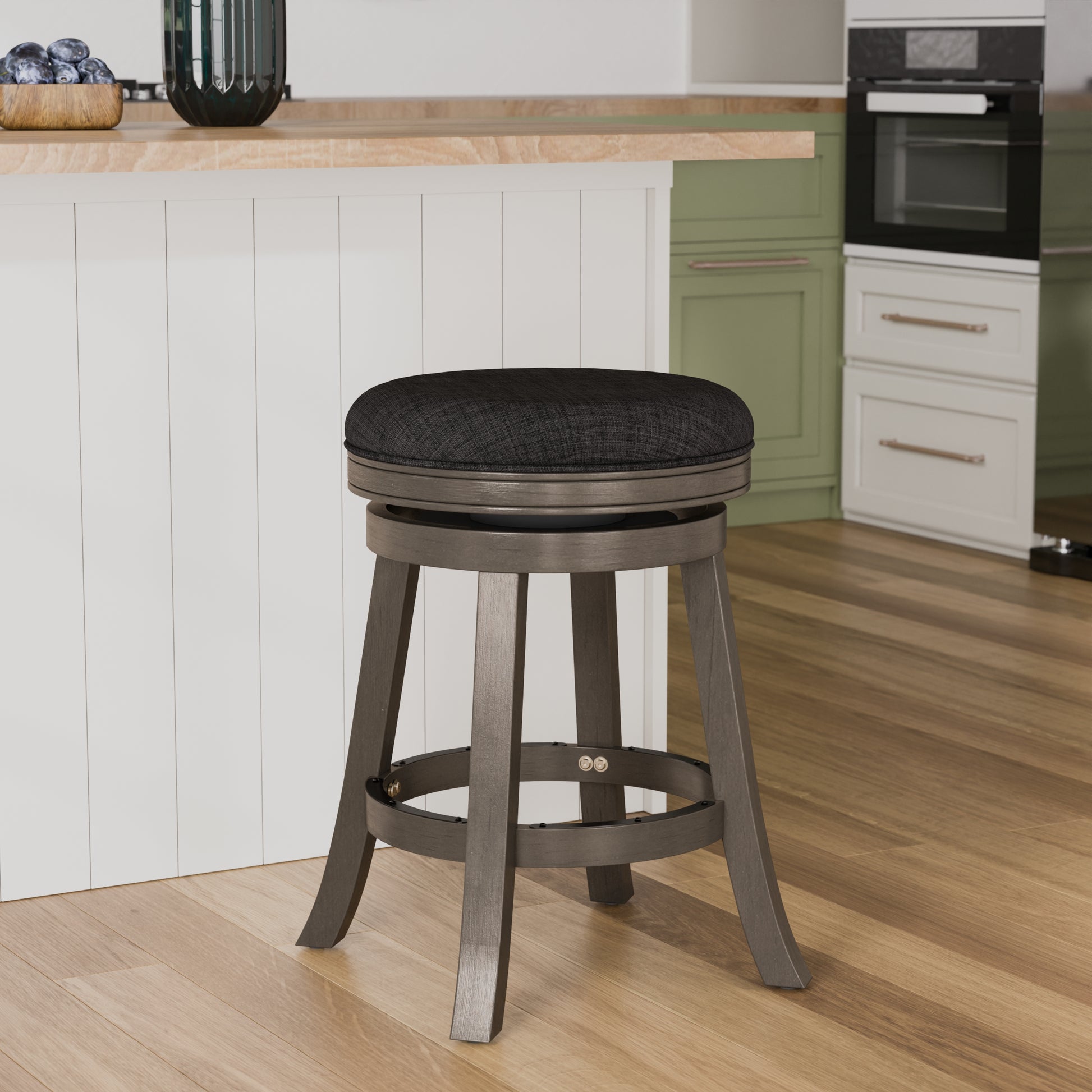 24" Counter Stool, Weathered Gray Finish, Charcoal Fabric Seat Gray Fabric