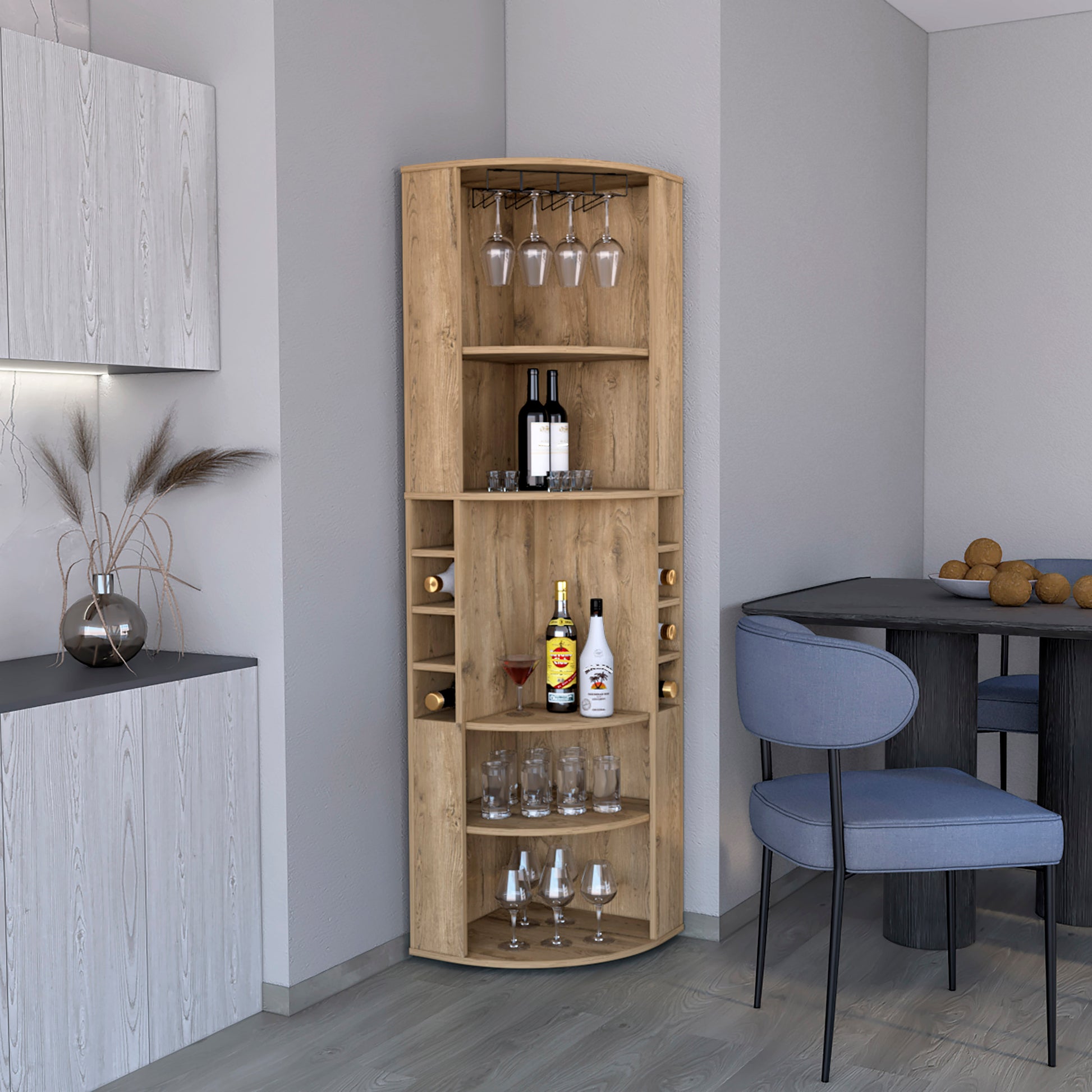 71" Corner Bar Cabinet With Five Shelves, Eight Bottle Cubbies And Stemware,Macadamia Beige Primary Living Space Particle Board Particle Board