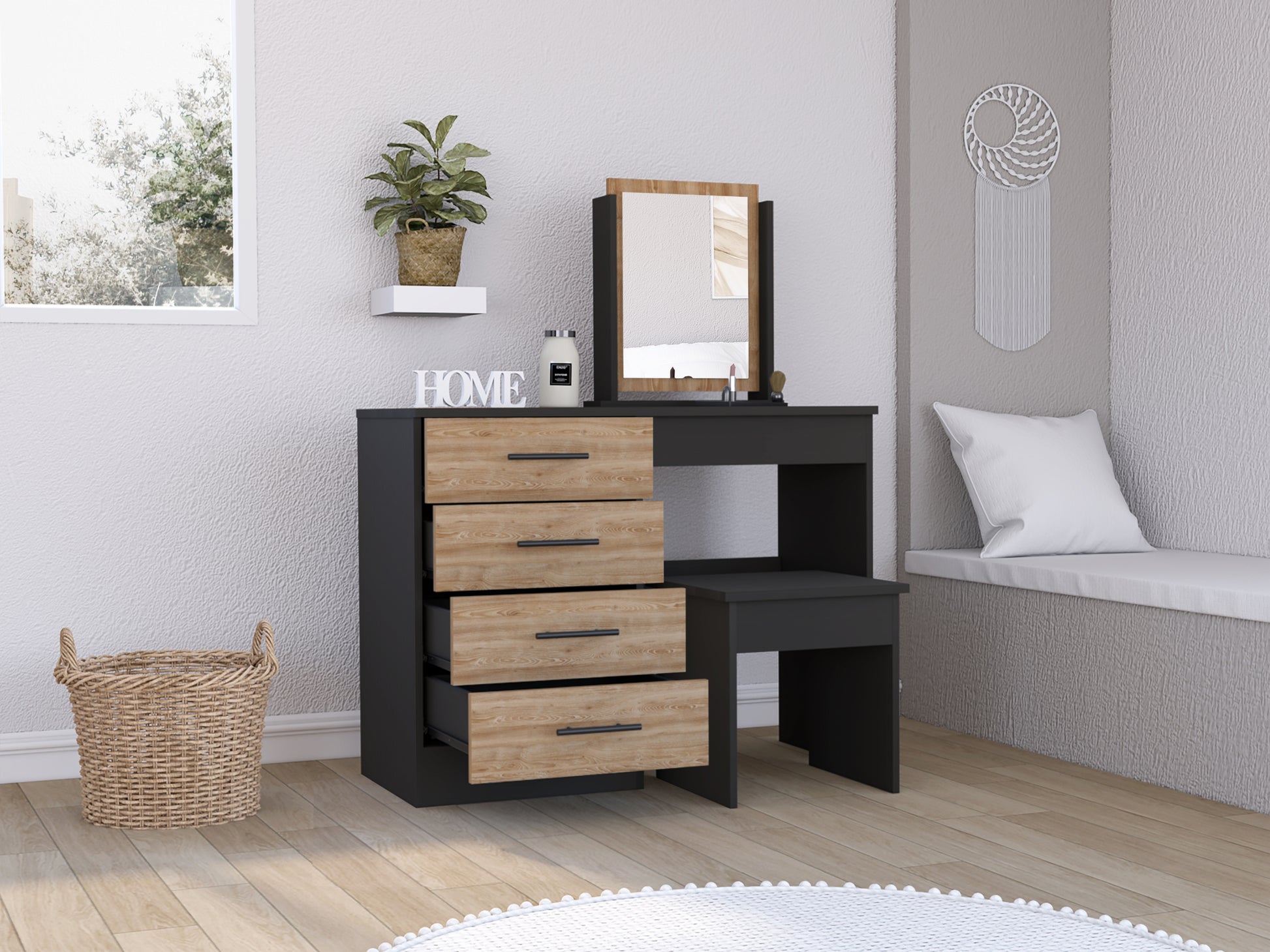 Kaia Makeup Vanity, Four Drawers, One Mirror, Stool Black Pine Multicolor Drawer 4 Drawers Bedroom Shelf Modern Mirror Included Particle Board Particle Board