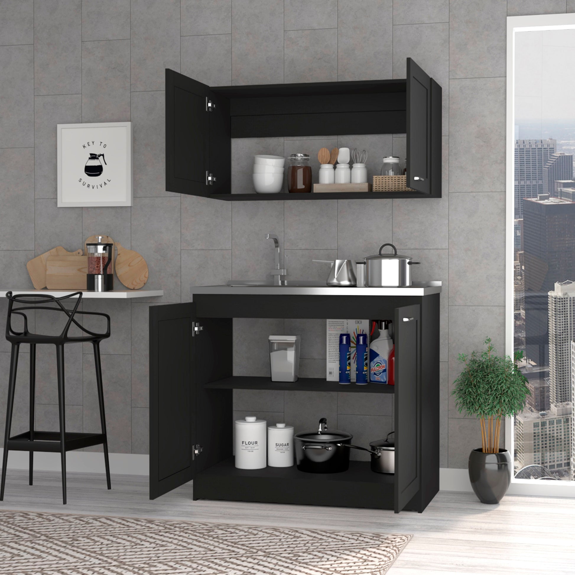 Perseus Cabinet Set Black Kitchen Modern Particle Board Engineered Wood