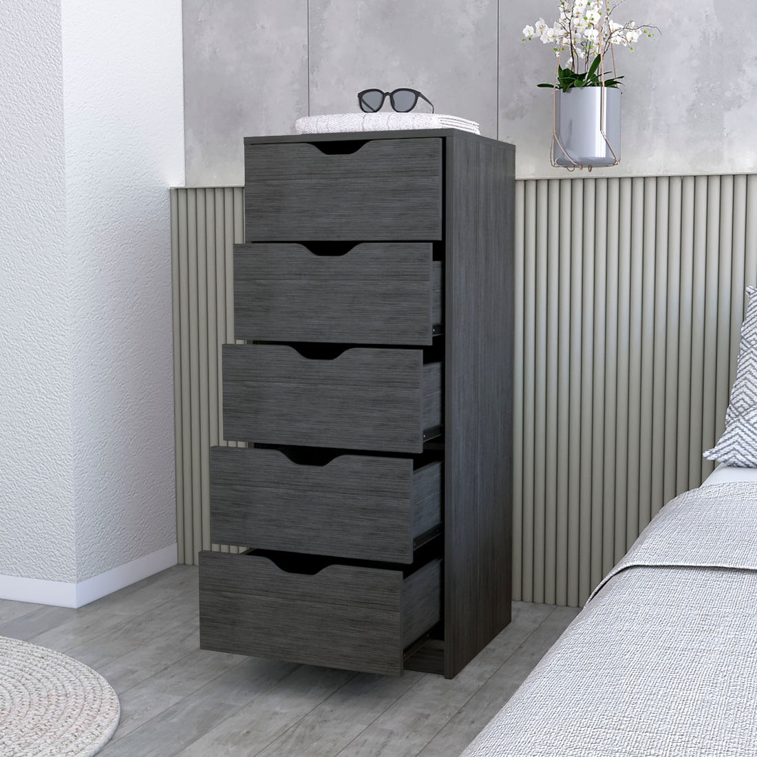 Smokey Oak 5 Narrow Drawer Dresser Gray Bedroom Wood