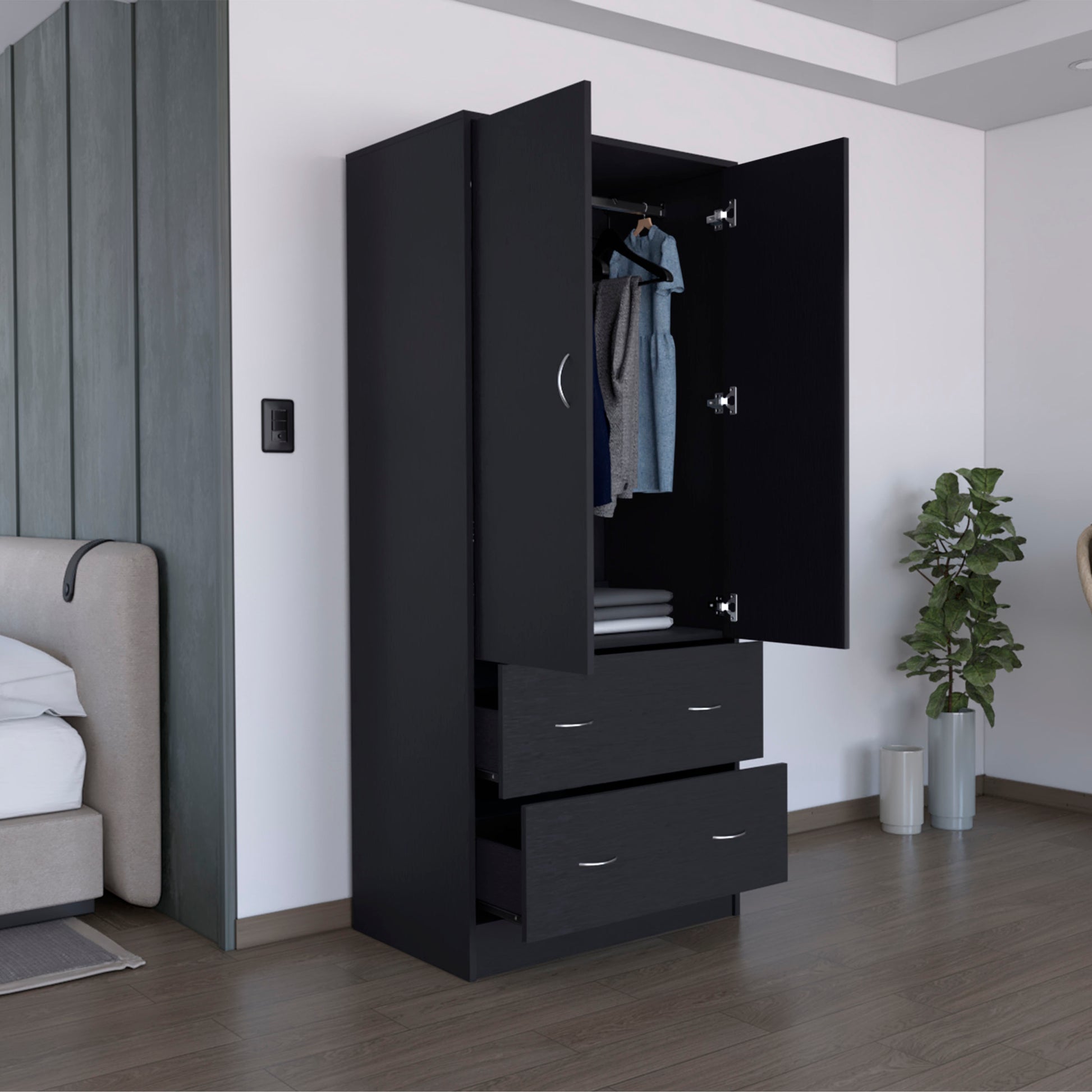 71" H Armoire With Two Doors, Two Drawers, And Hanging Rod,Black Black Particle Board Particle Board